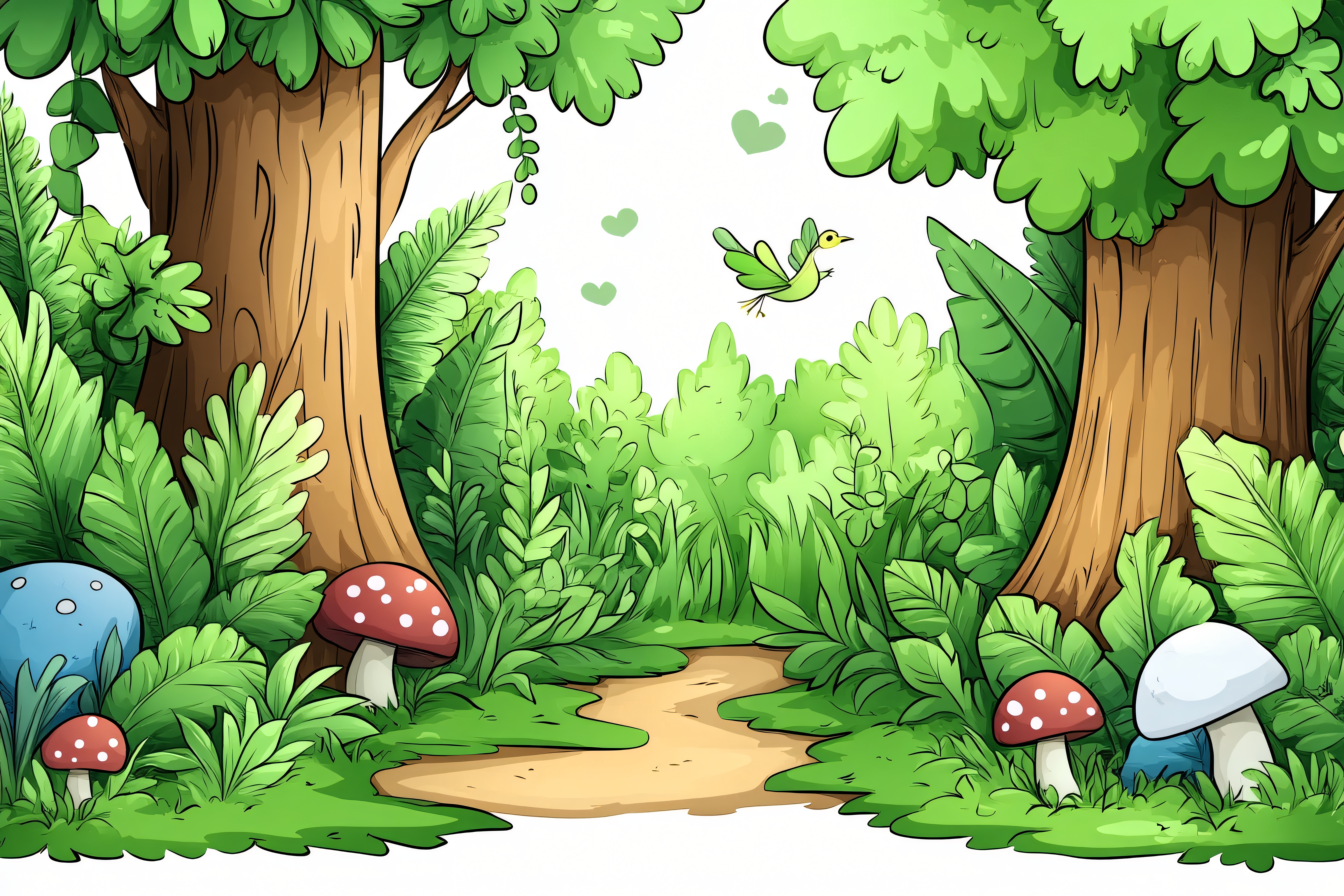 Forest Scene With Bird And Mushrooms