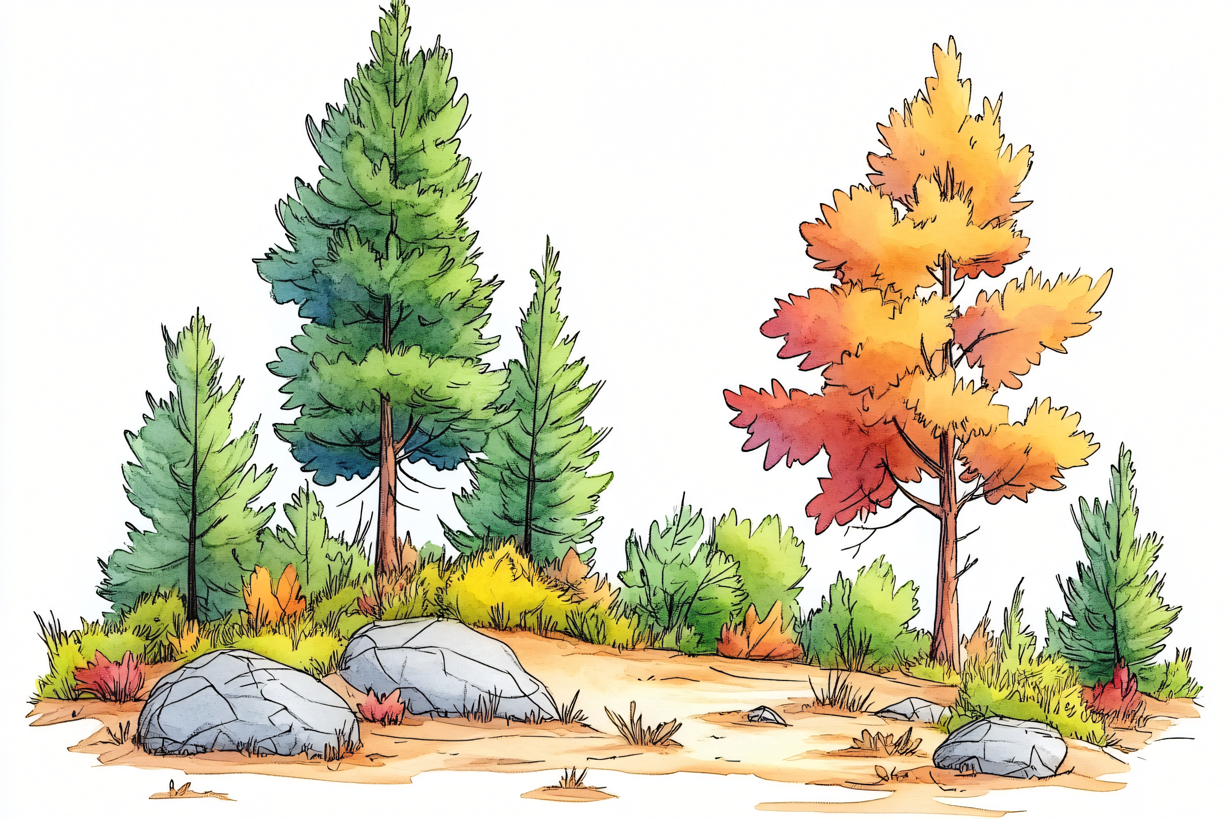 Forest Scene with Evergreen and Autumn Trees