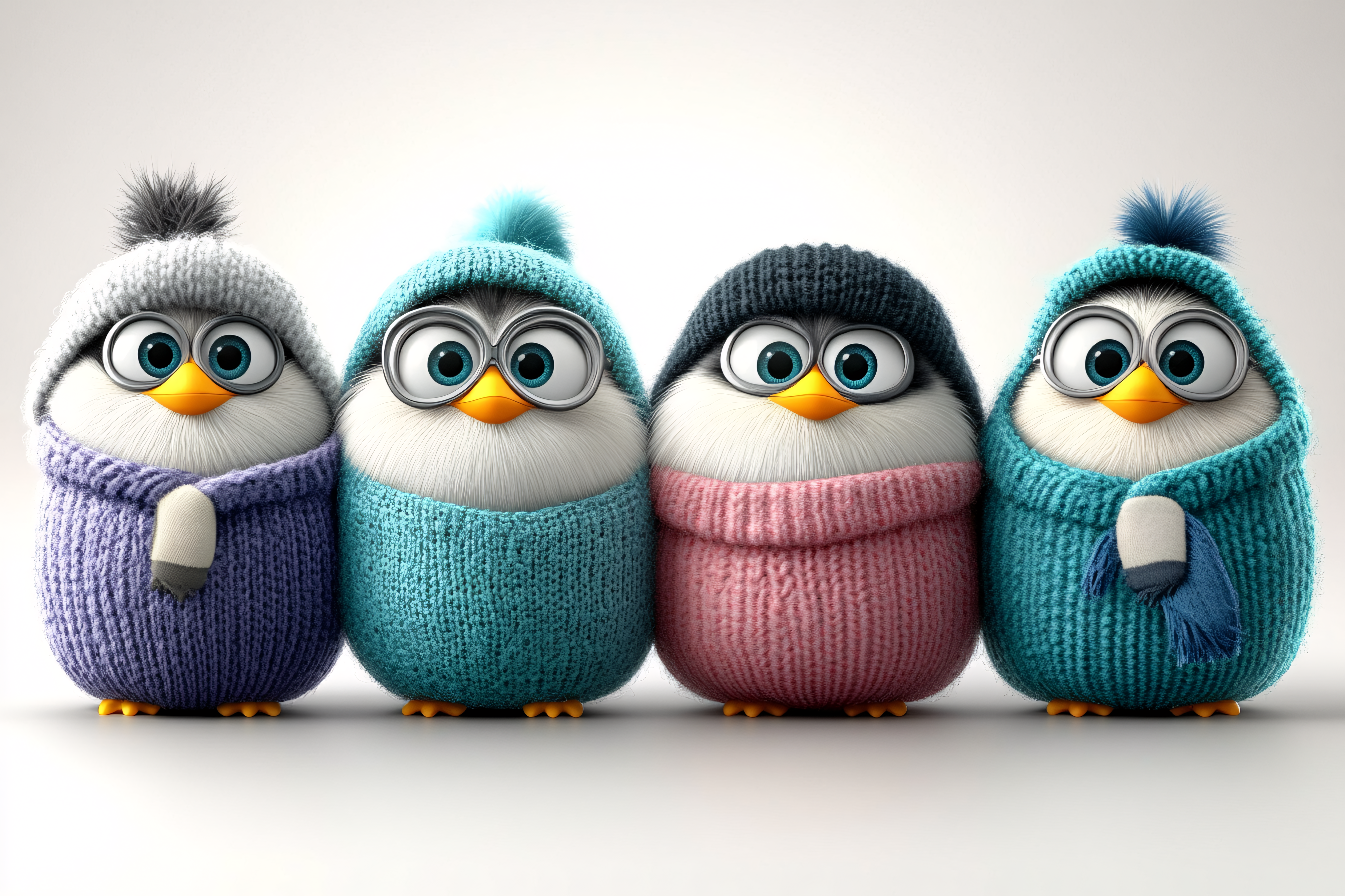 Four Cartoon Penguins in Winter Outfits