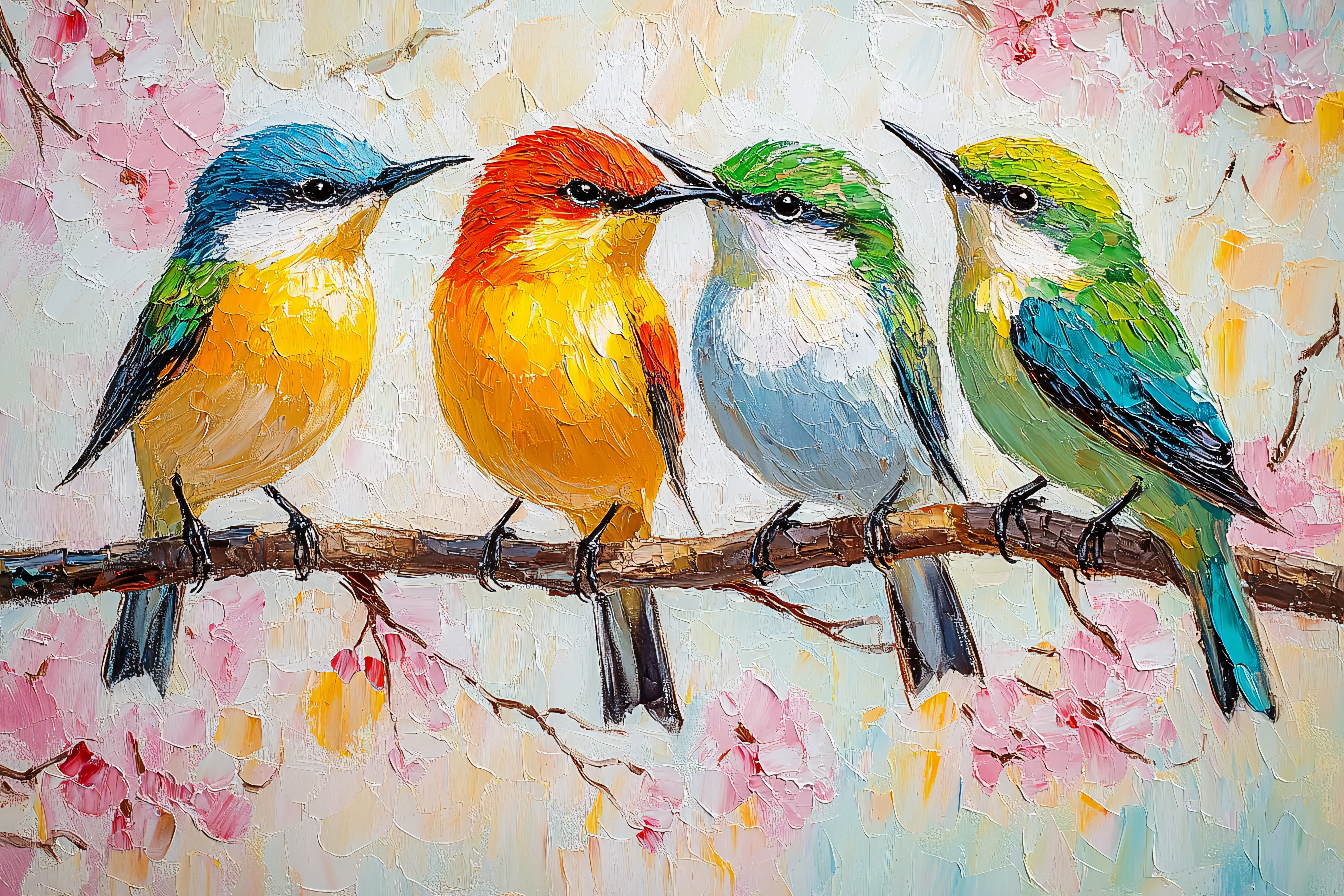 Four Colorful Birds on a Branch