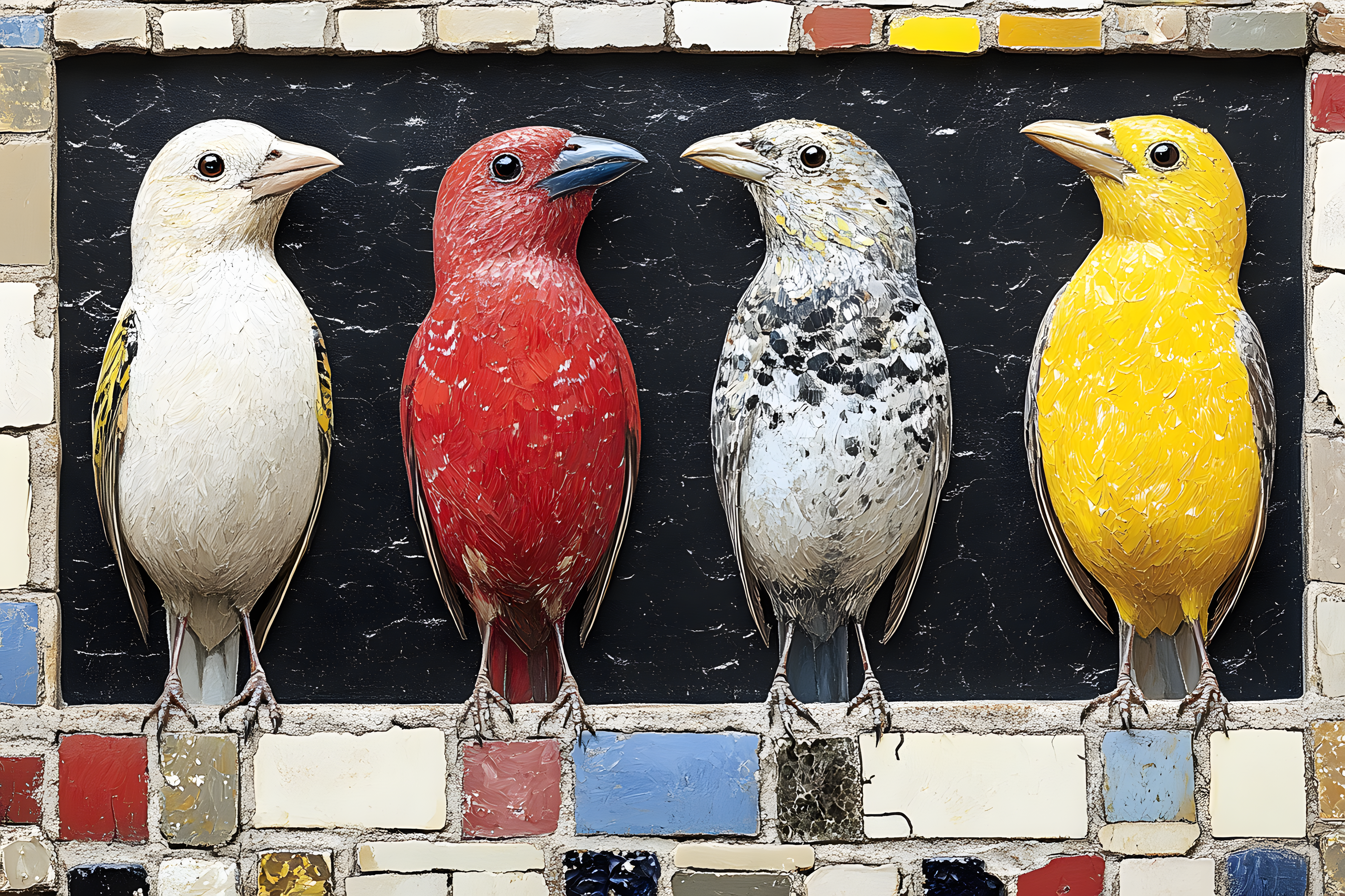 Four Colorful Birds on Mosaic Wall
