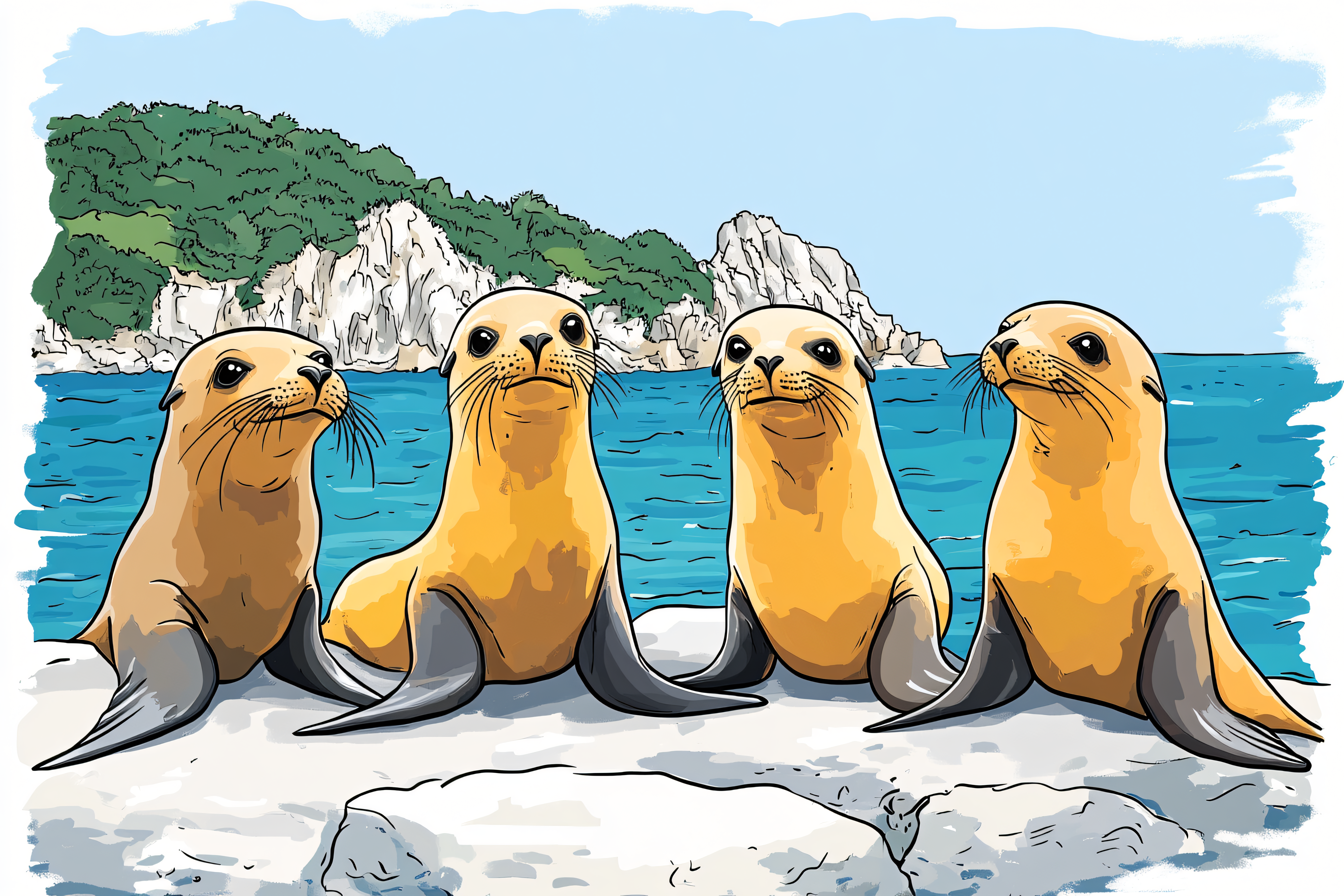 Four Sea Lions On Rocky Shore