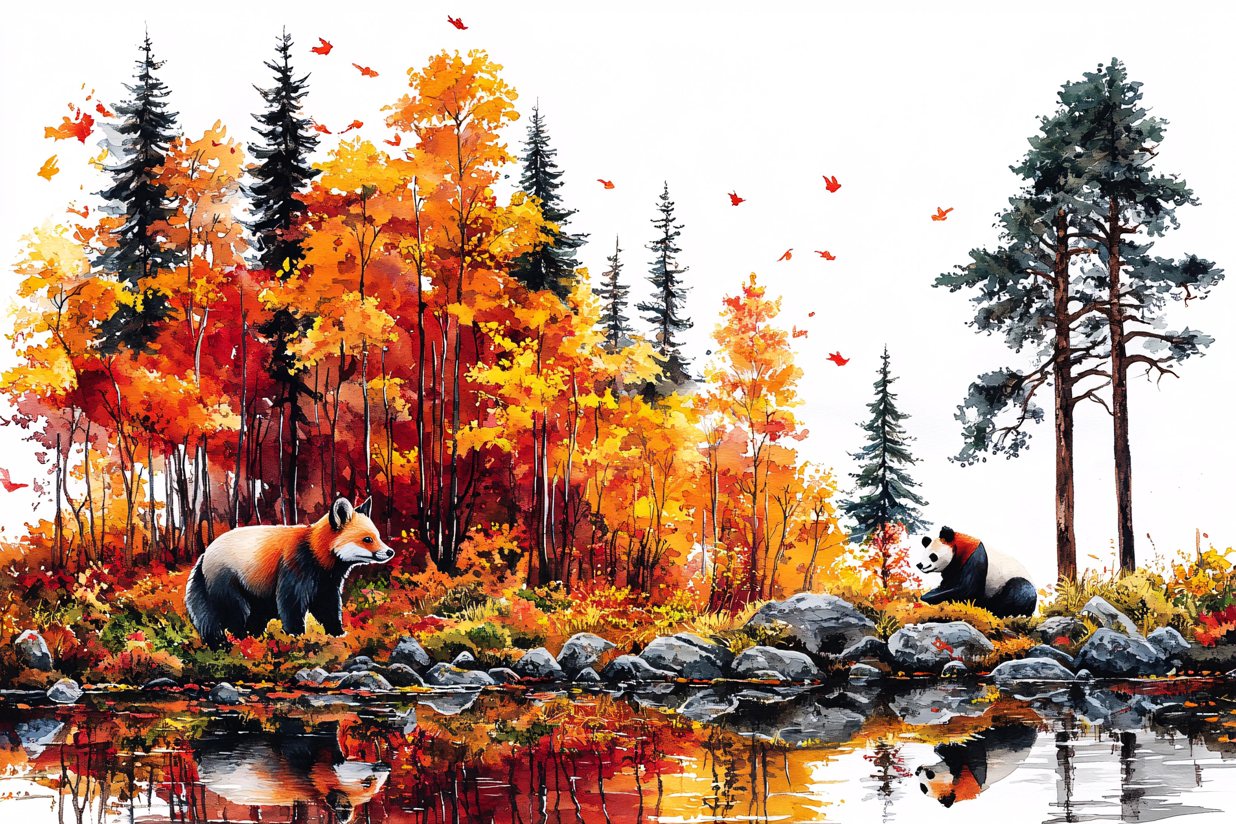 Fox and Panda in Autumn Forest