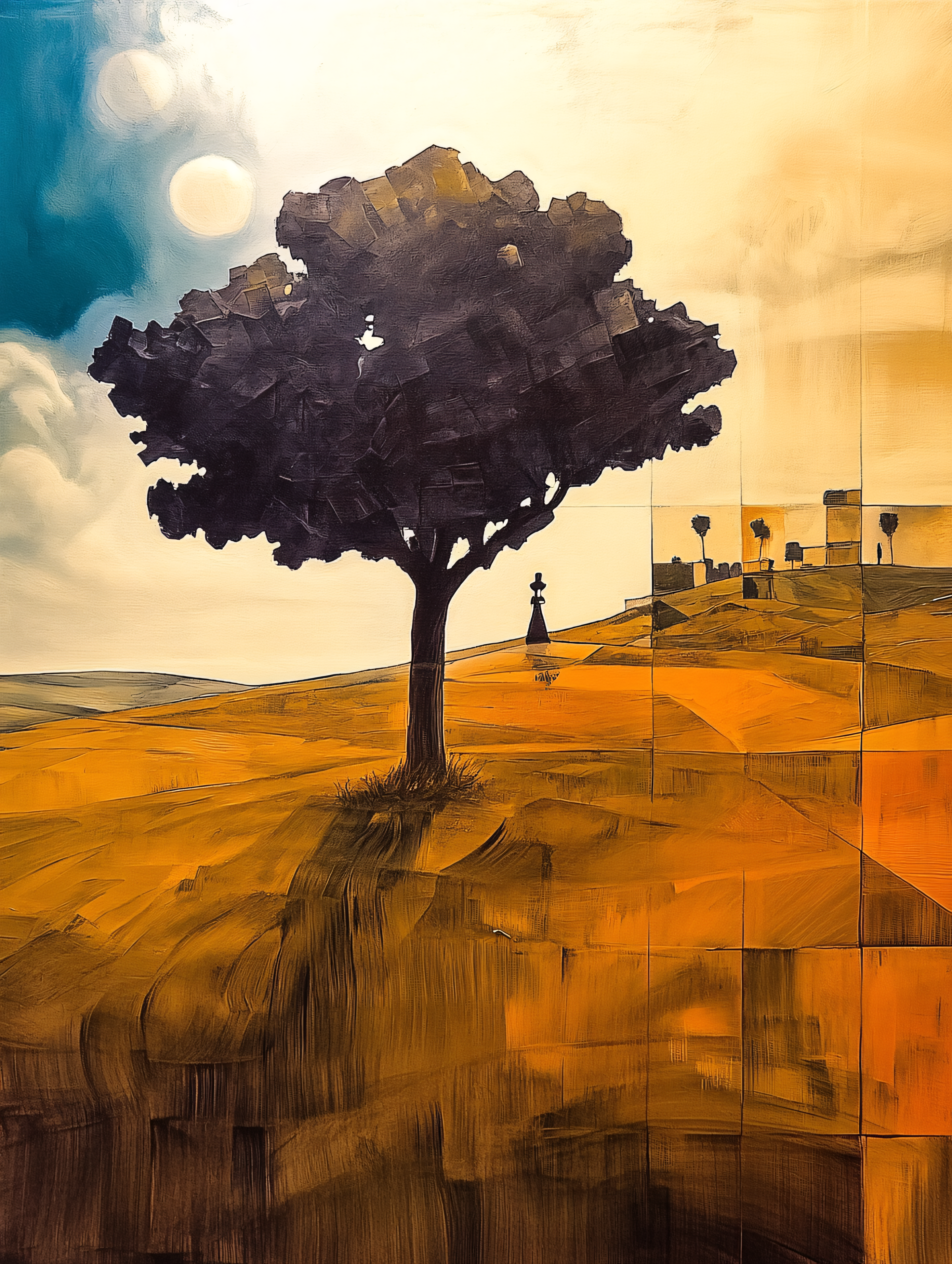 Fragmented Golden Landscape with Solitary Tree