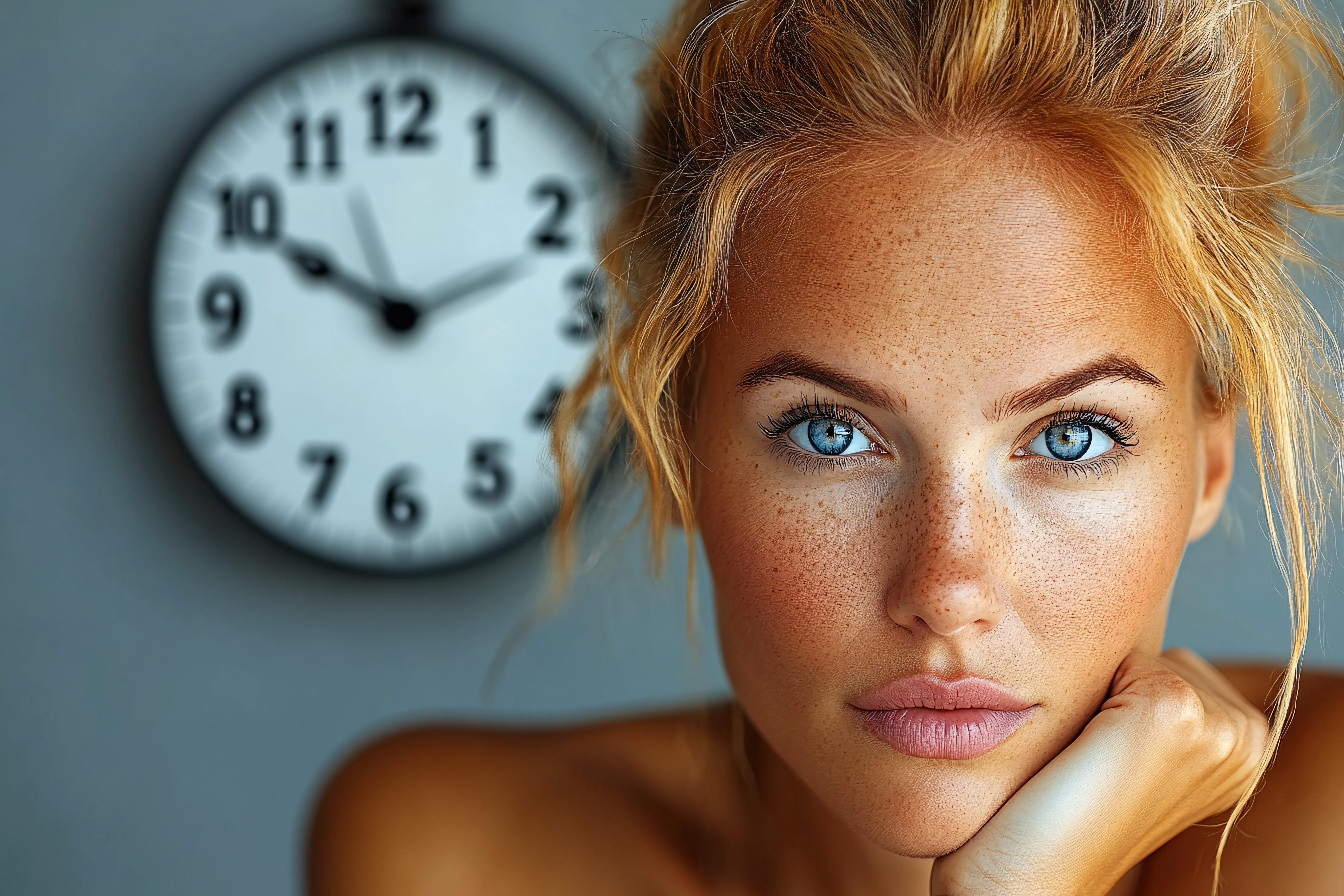 Freckled Beauty With Clock