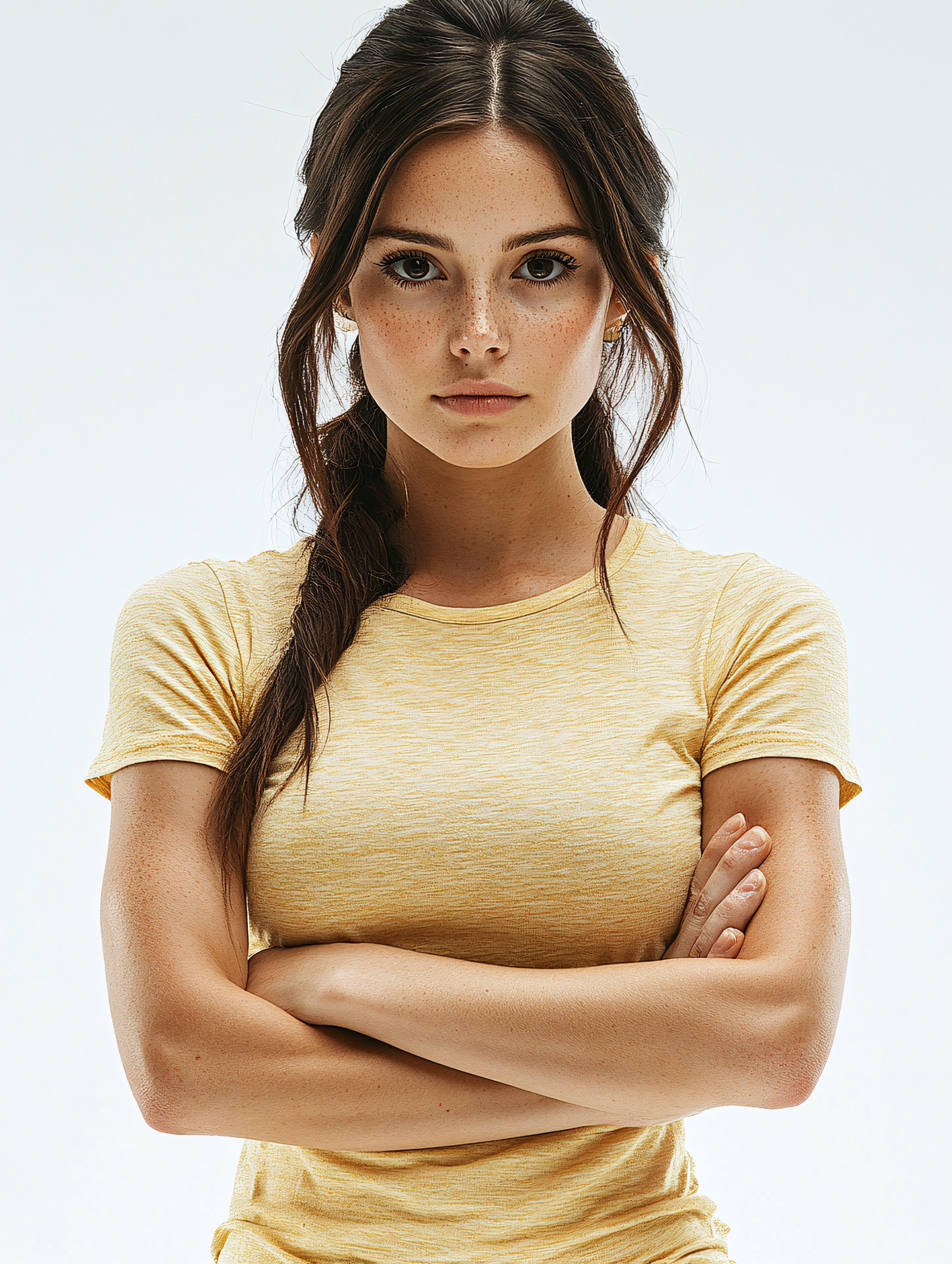 Freckled Woman with Braided Hair and Crossed Arms
