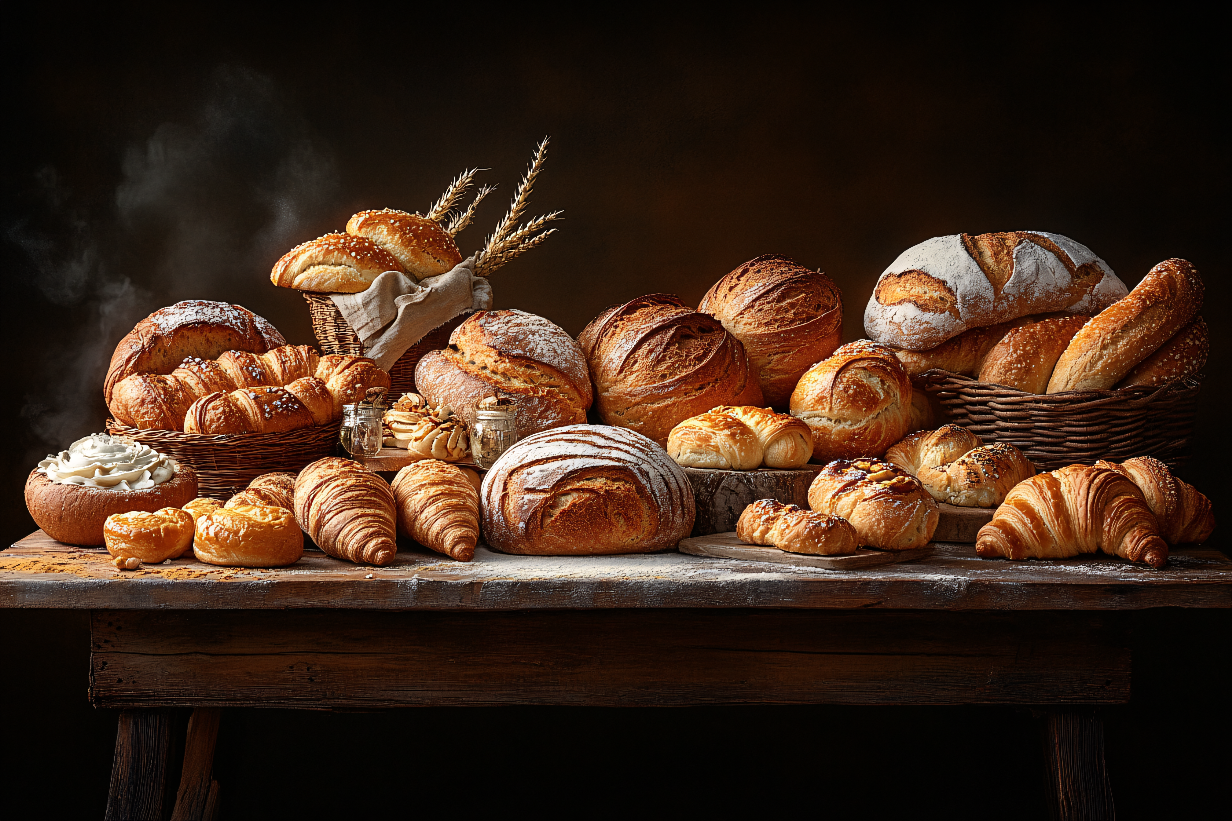 Fresh Bread Assortment On Rustic Table