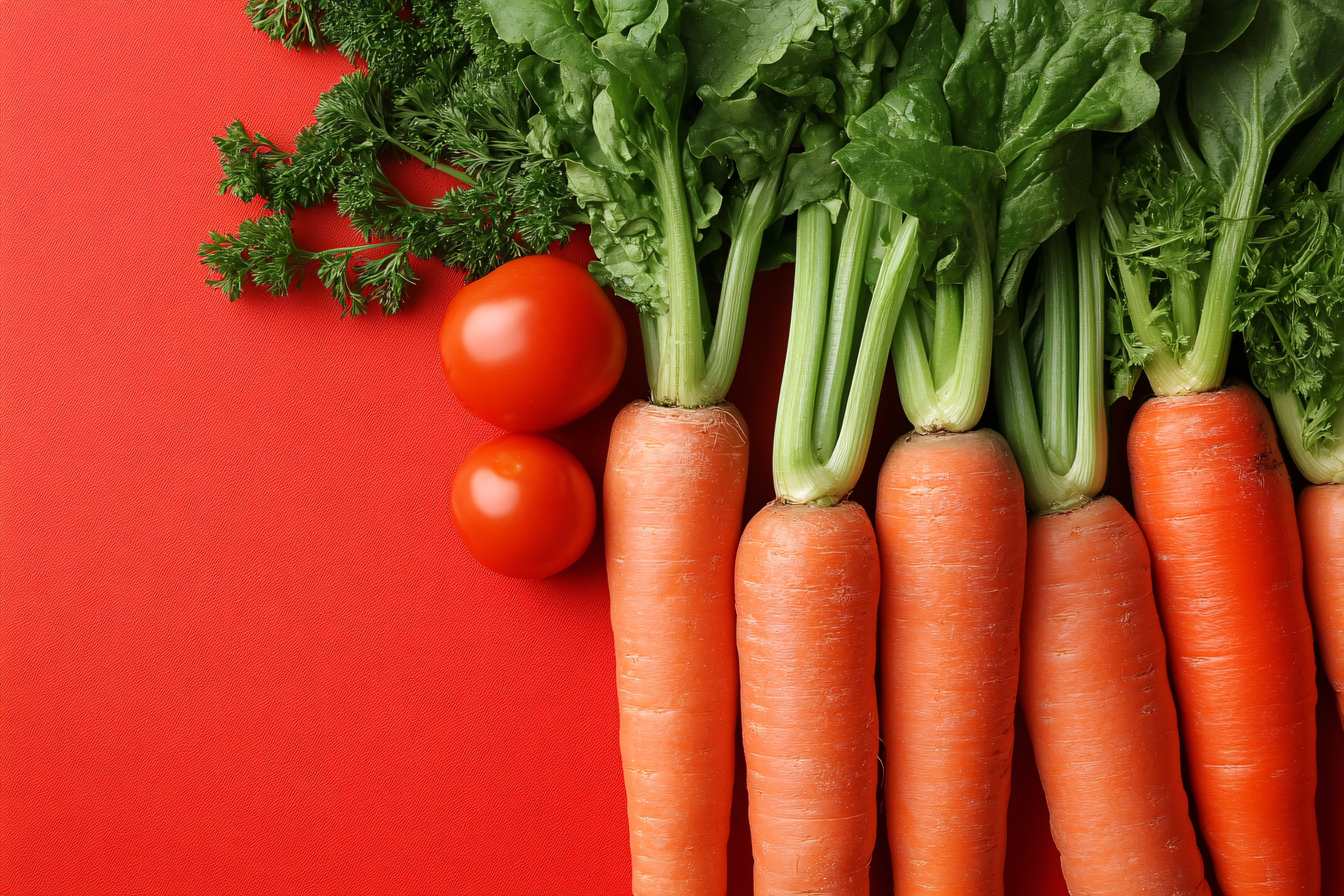 Fresh Carrots and Tomatoes on Red Background