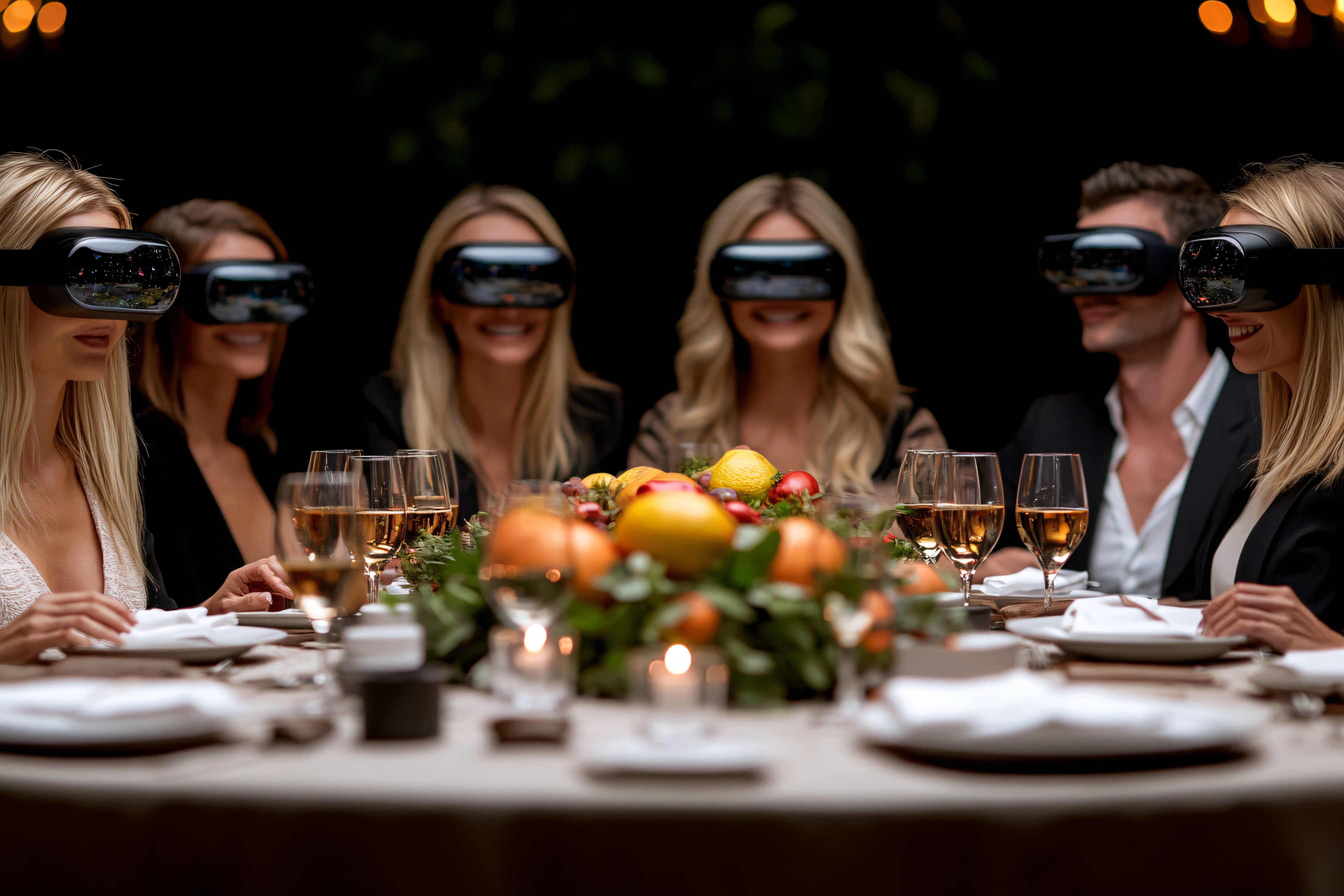 Friends Wearing Vr Headsets At Dinner Party