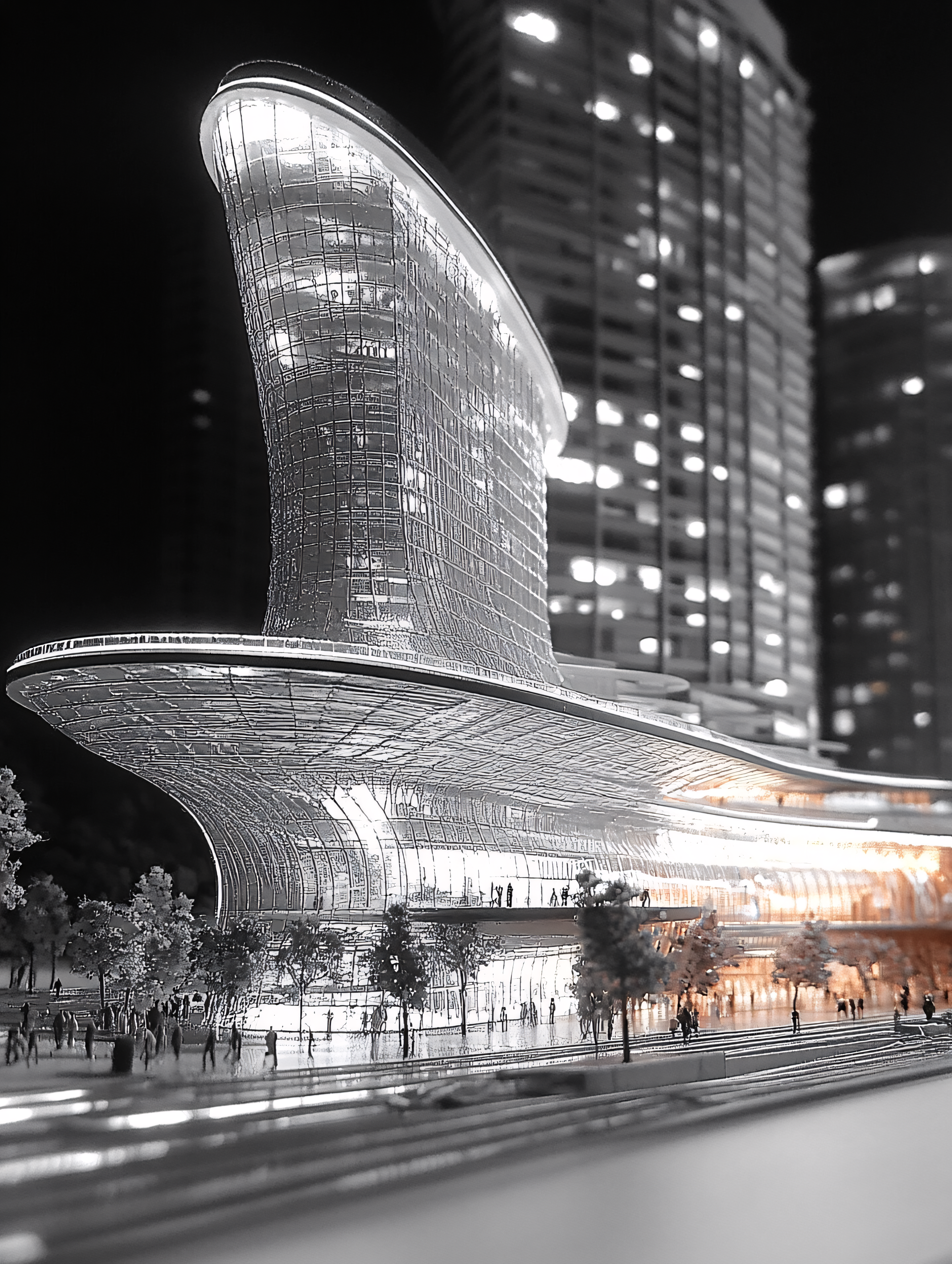Futuristic Building Model At Night