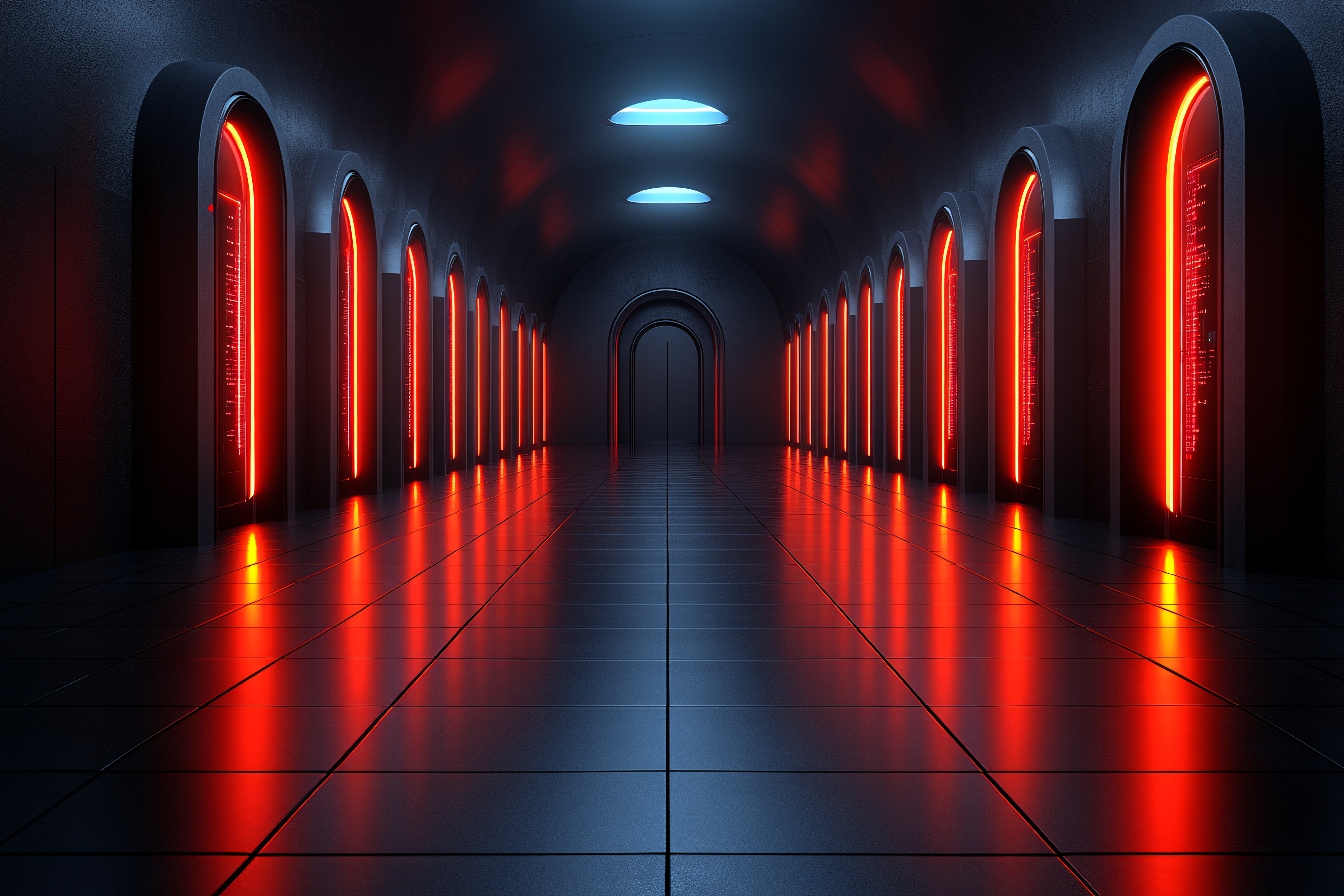 Futuristic Corridor with Red Lights