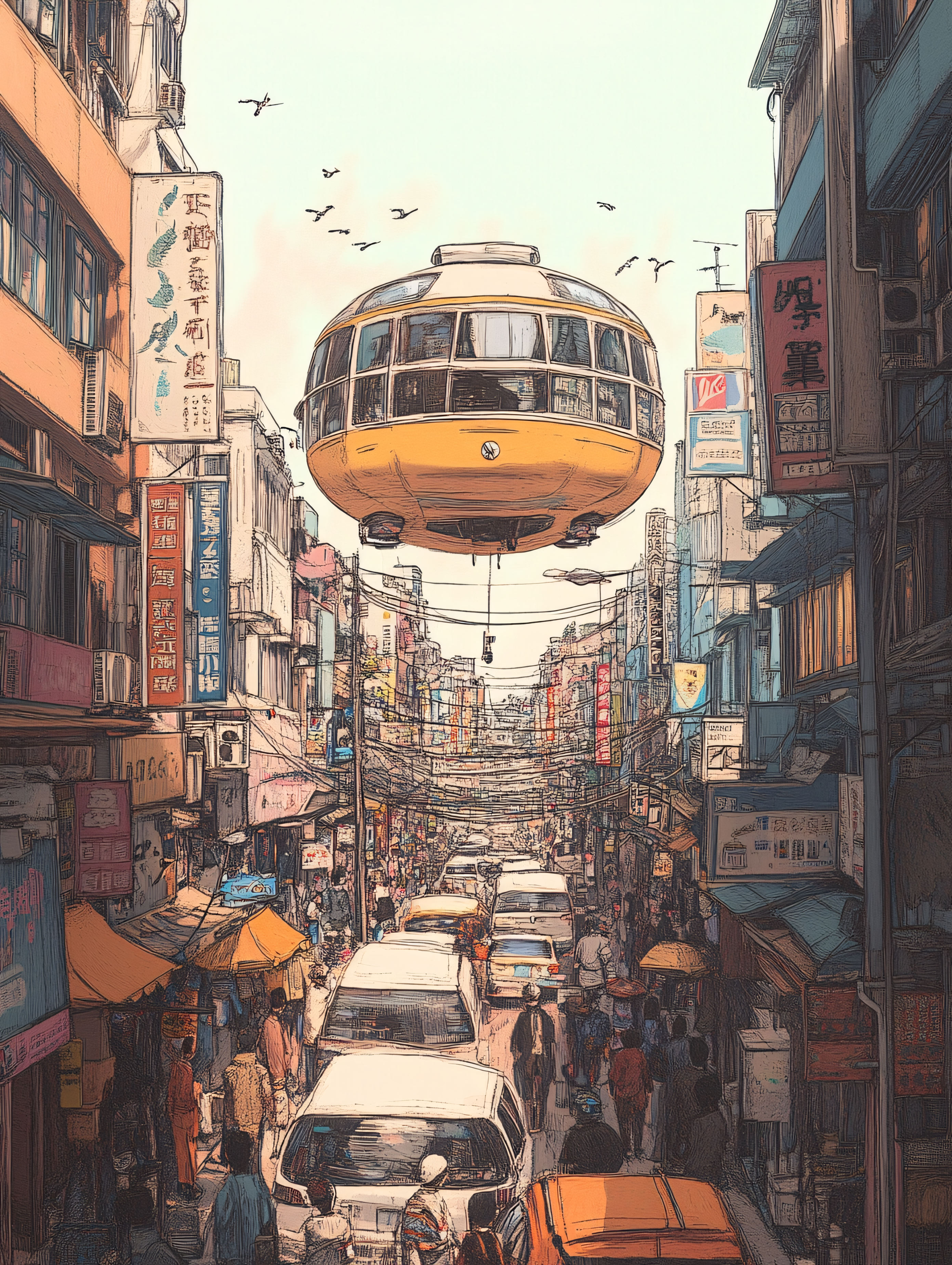 Futuristic Gondola Over Asian Street