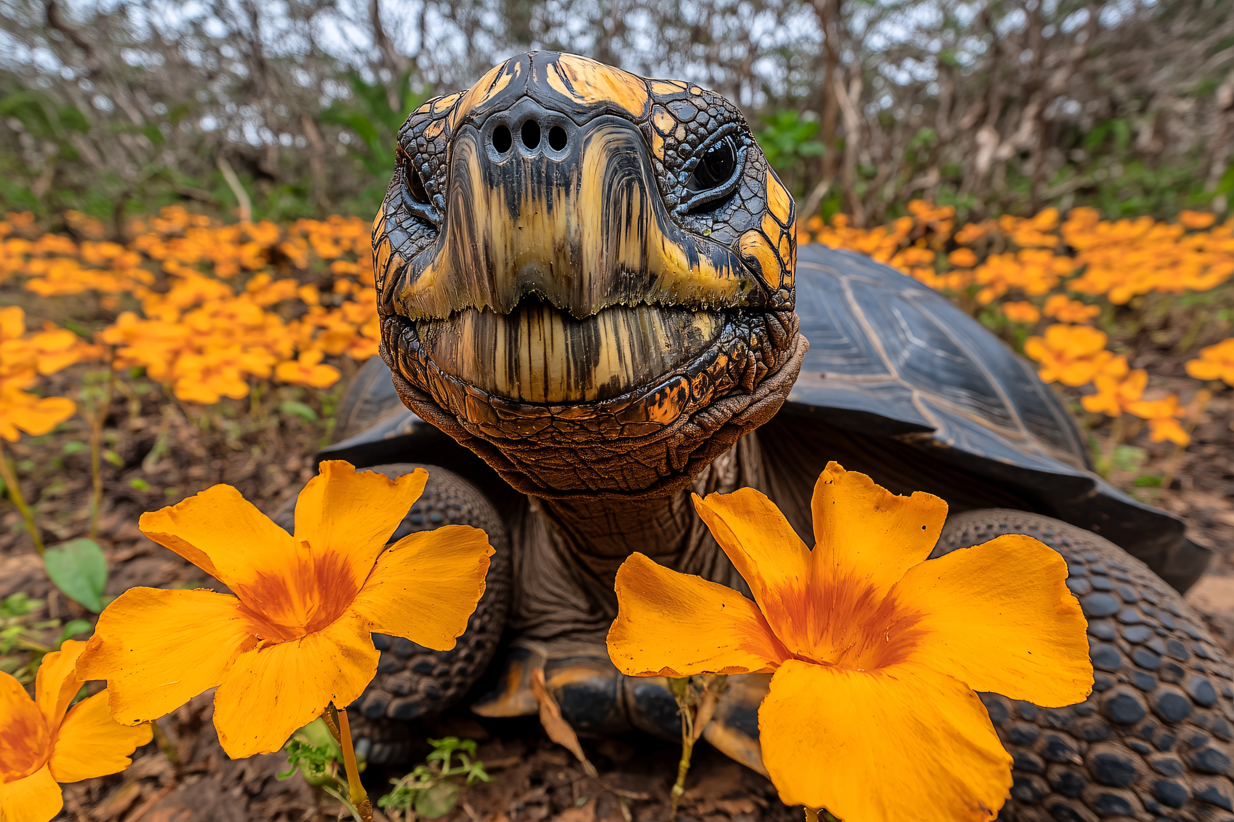 Galapagos Tortoise Amidst Orange Flowers