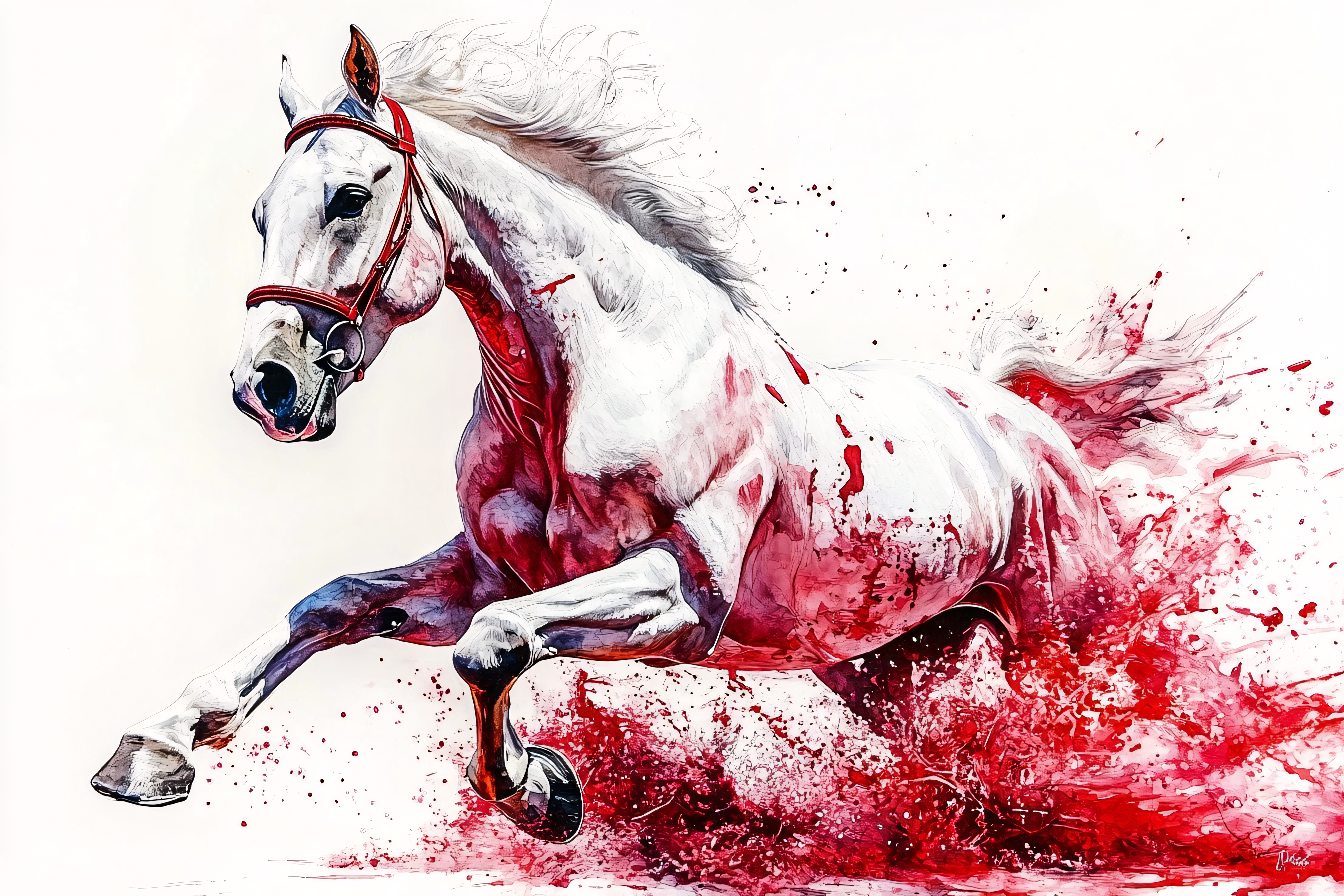 Galloping White Stallion with Red Splashes