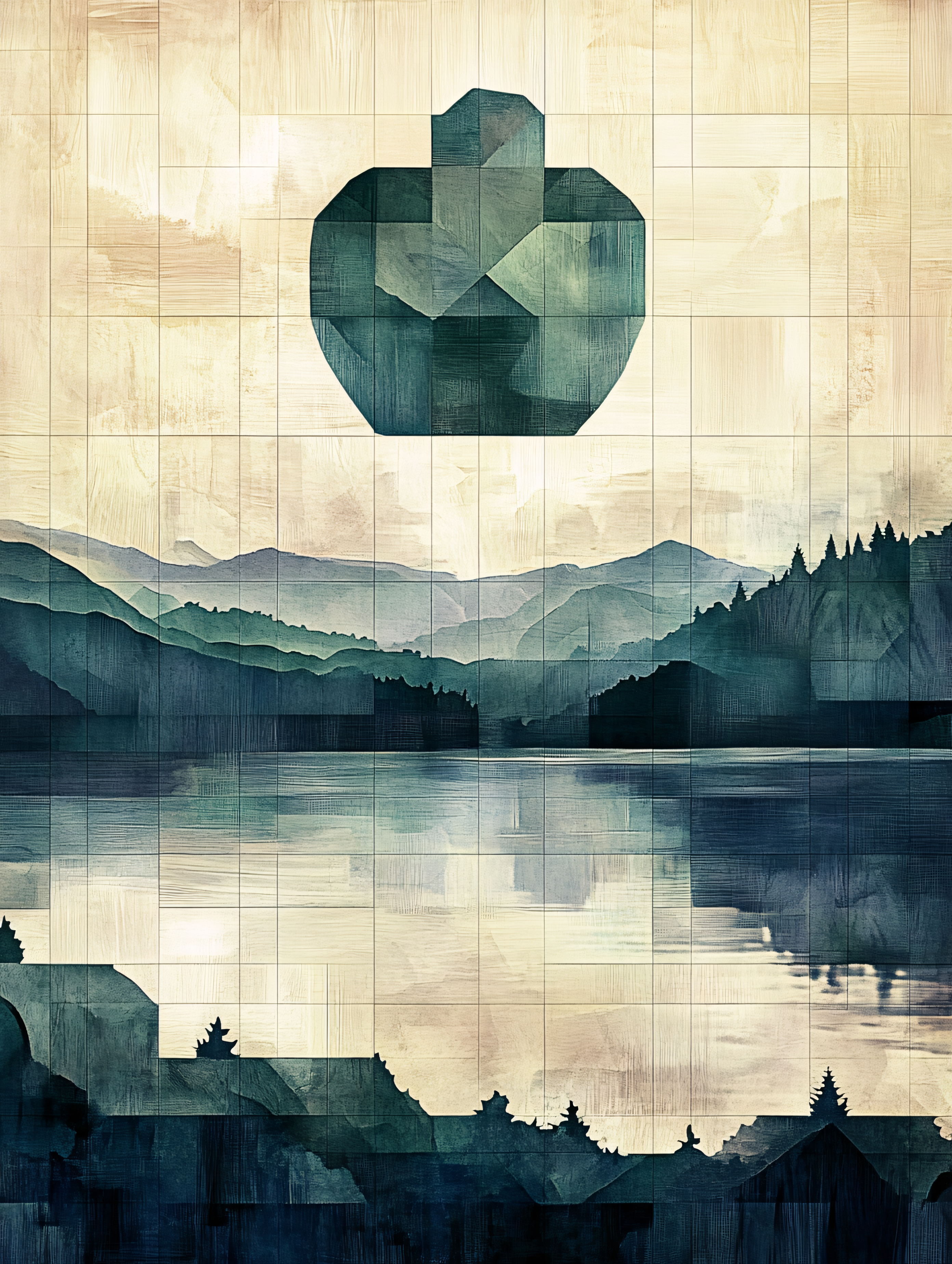Geometric Apple Above Mountain Landscape