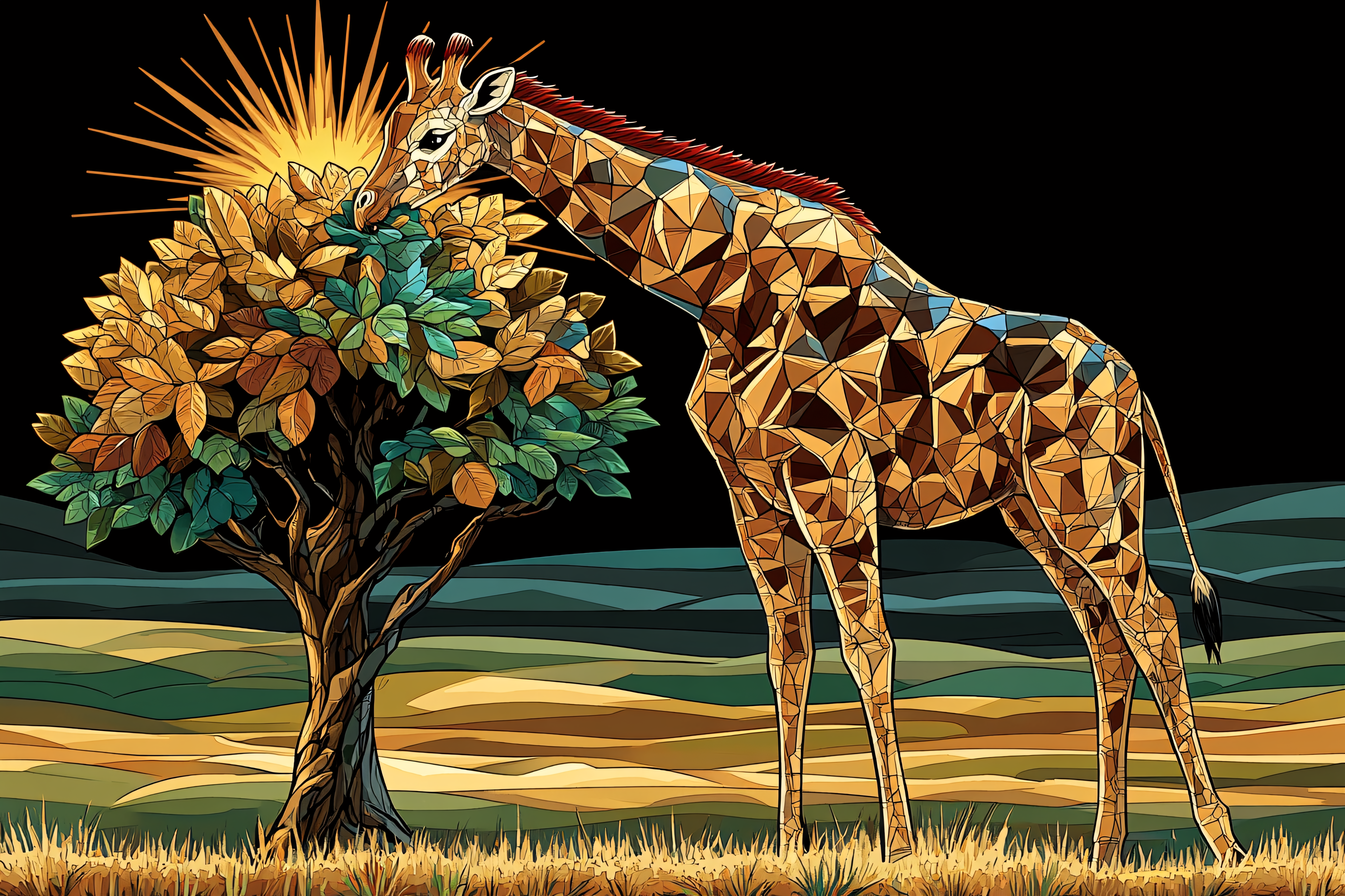 Geometric Giraffe Grazing Under Sun