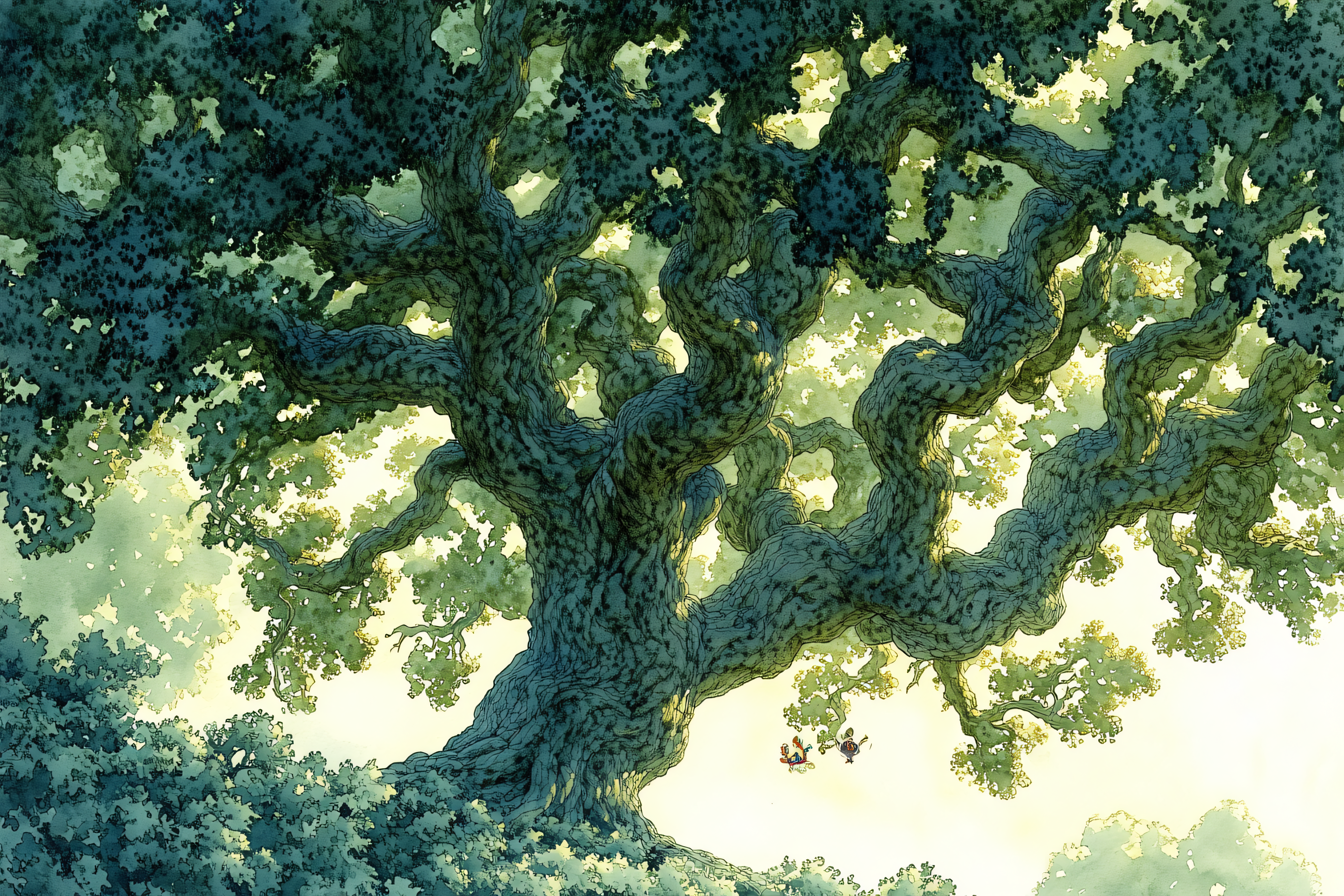 Giant Ancient Tree with Swinging Figures