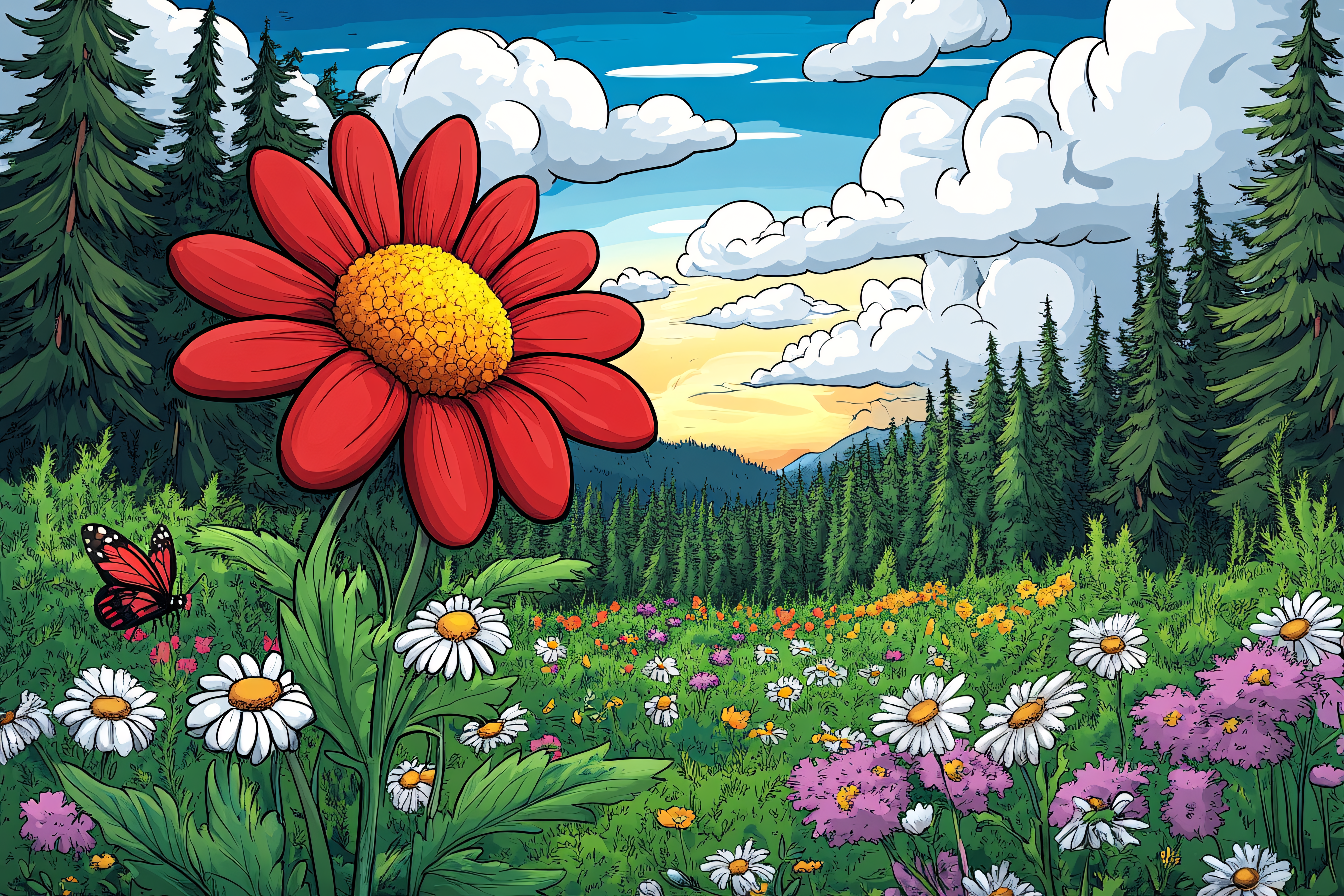 Giant Red Flower in a Sunny Meadow