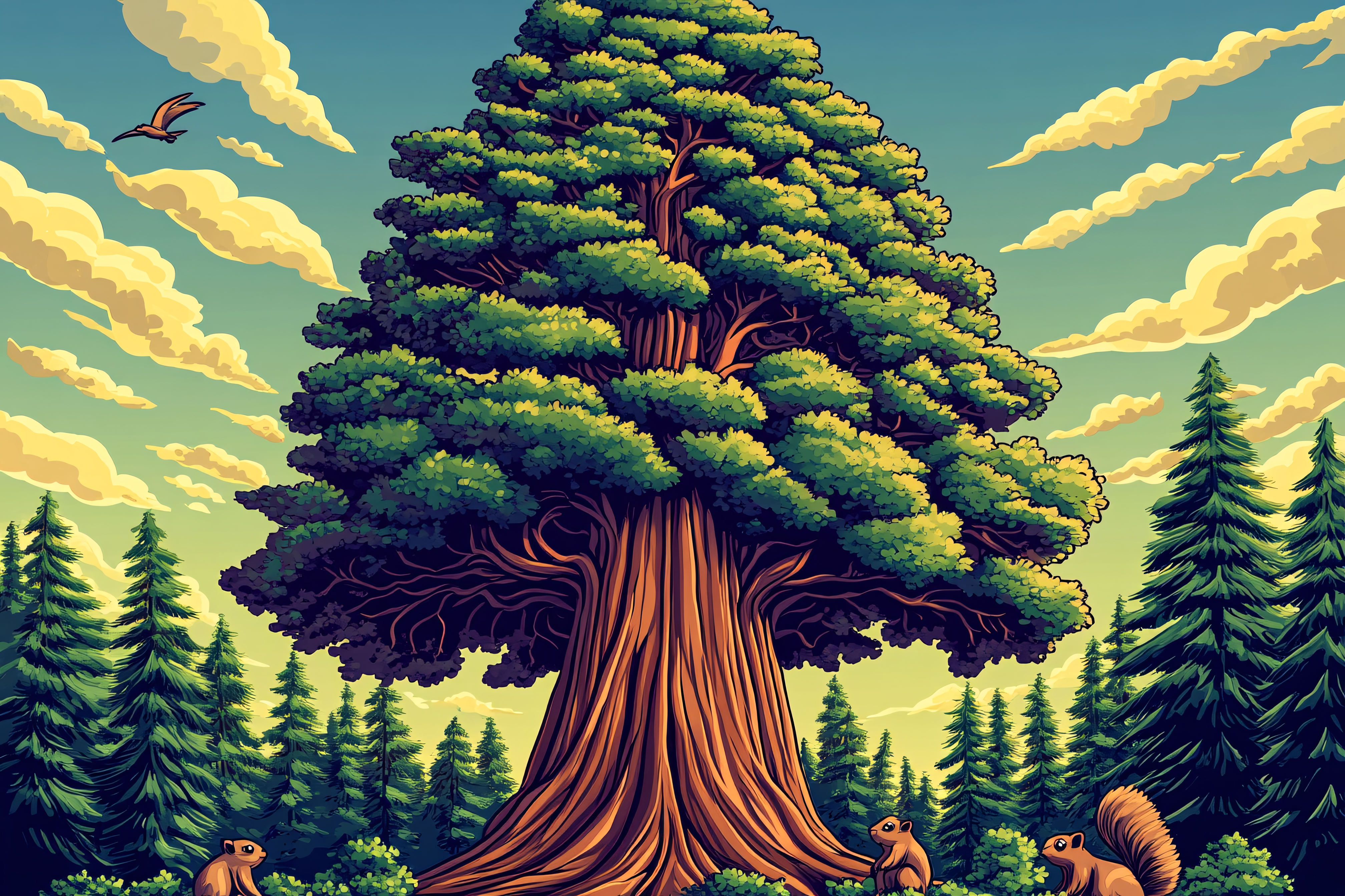 Giant Sequoia and Squirrels in Forest