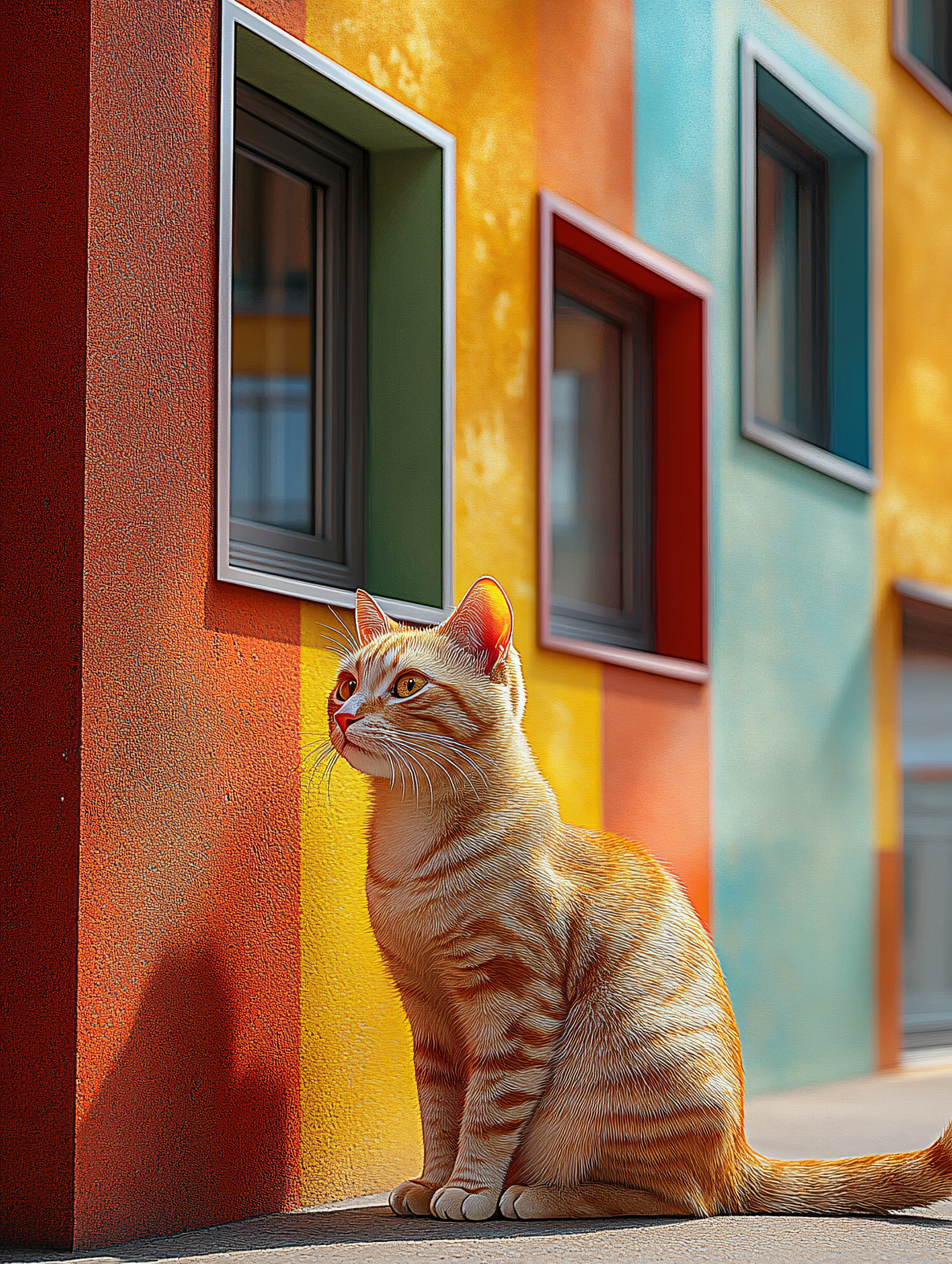 Ginger Cat Sitting By Colorful Wall