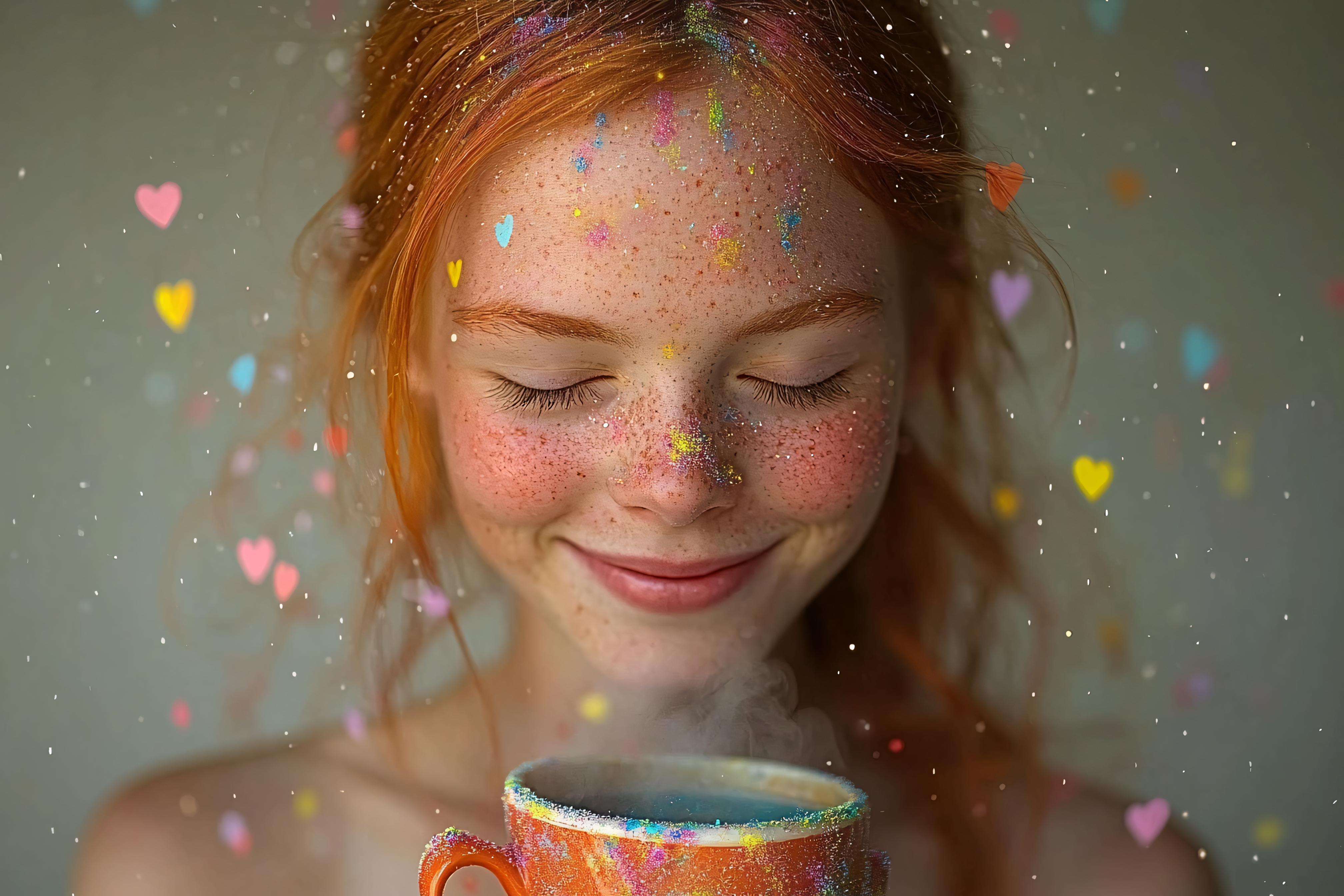 Ginger Girl Smelling a Warm Drink