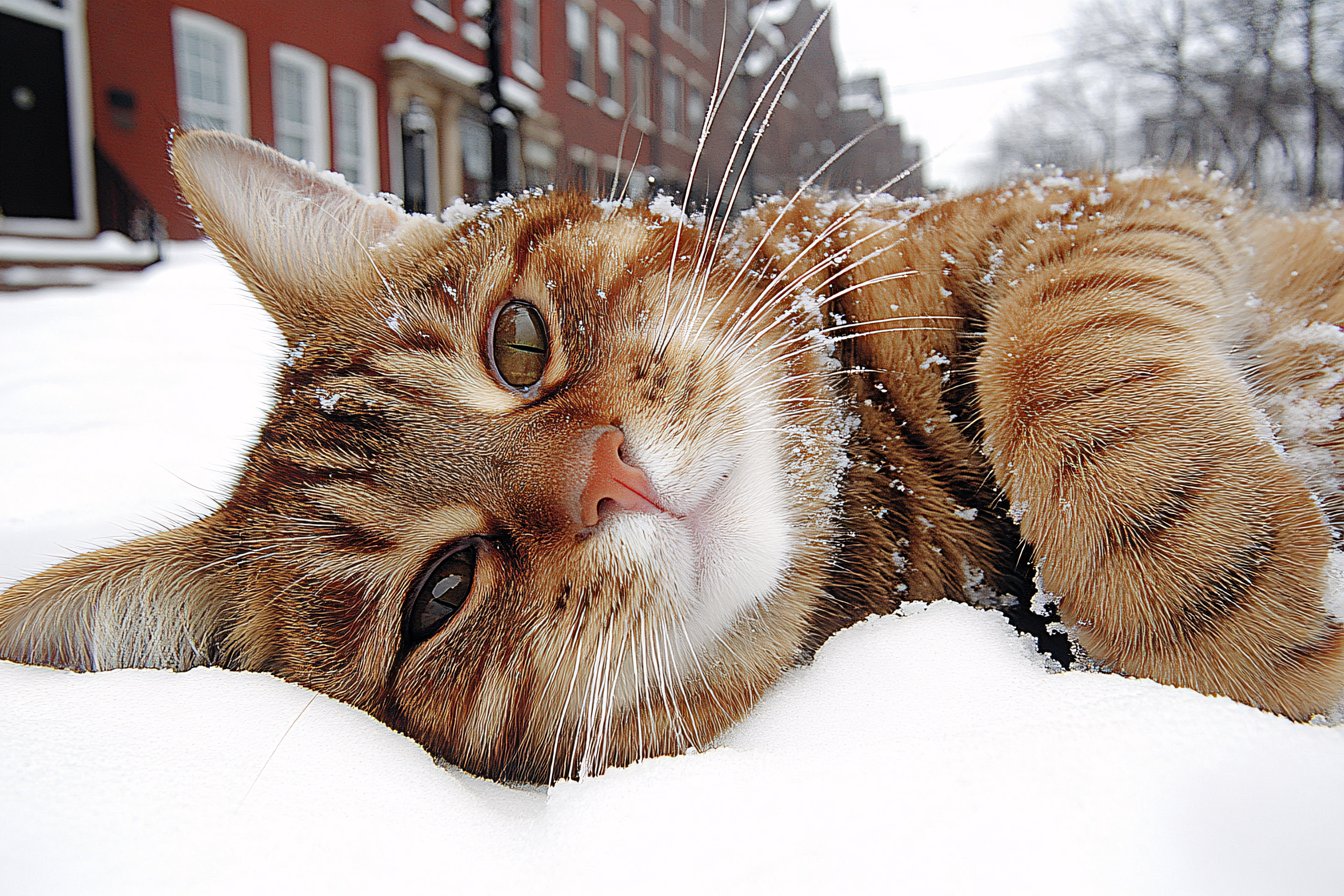 Ginger Tabby Cat Lying in Snow