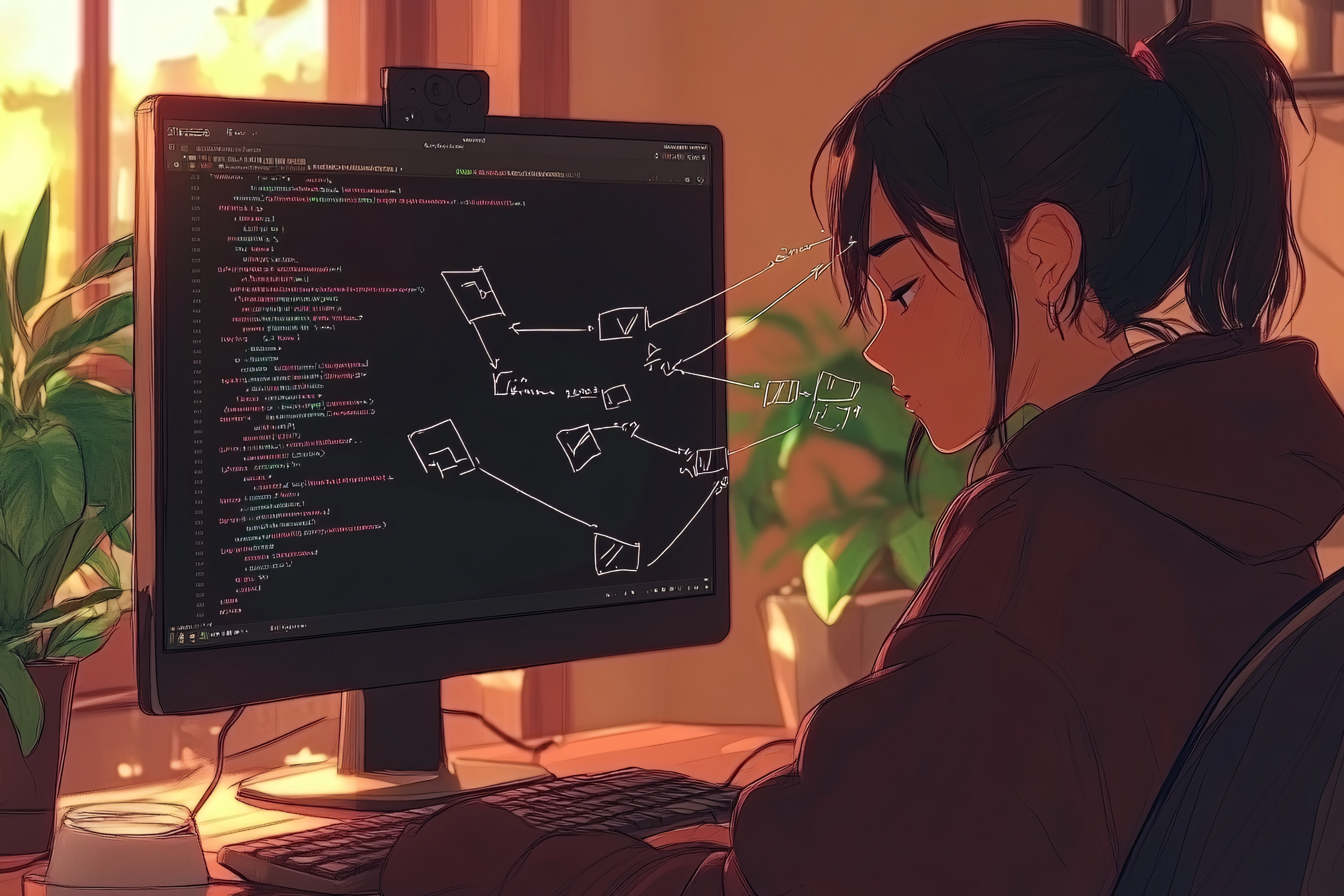 Girl Coding at Desk