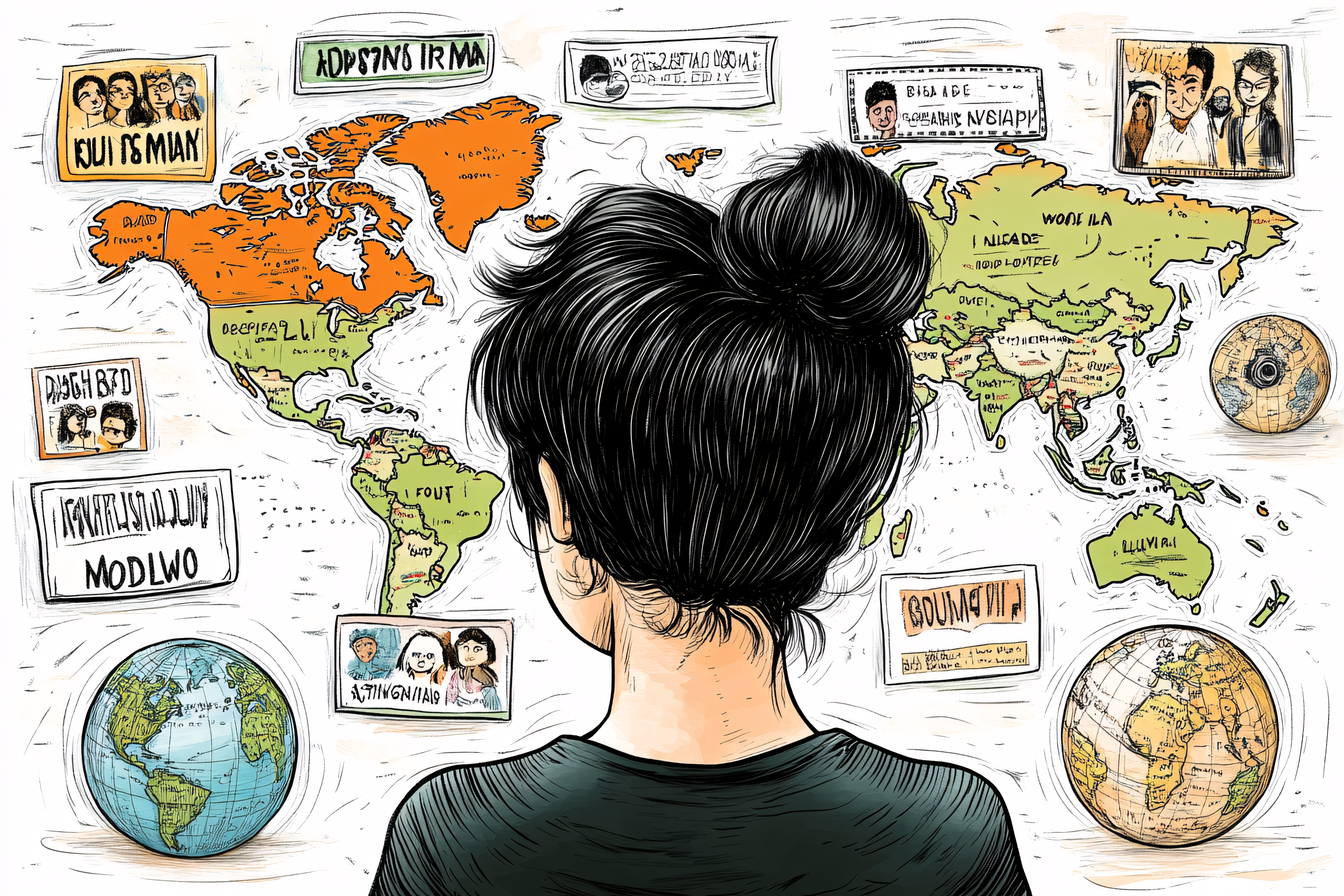 Girl Contemplating a World Map