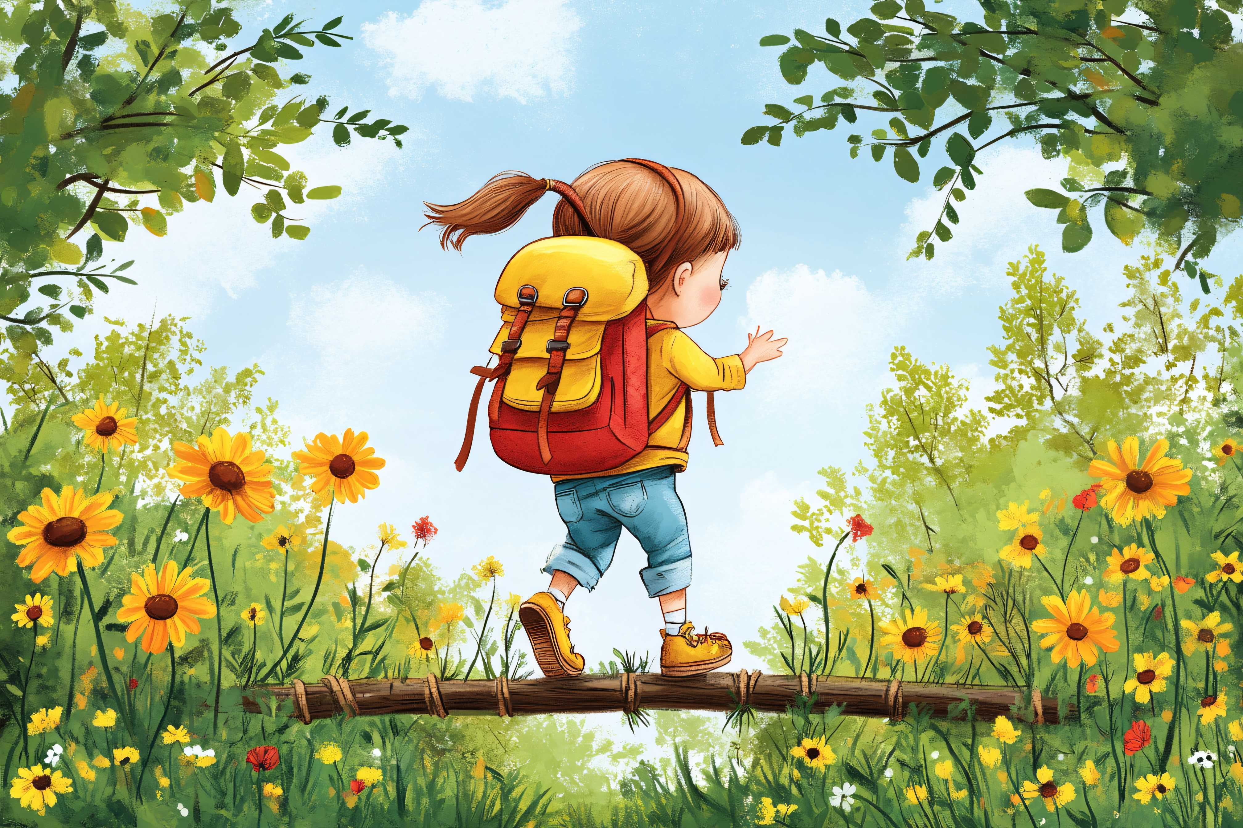 Girl Crossing a Log Bridge