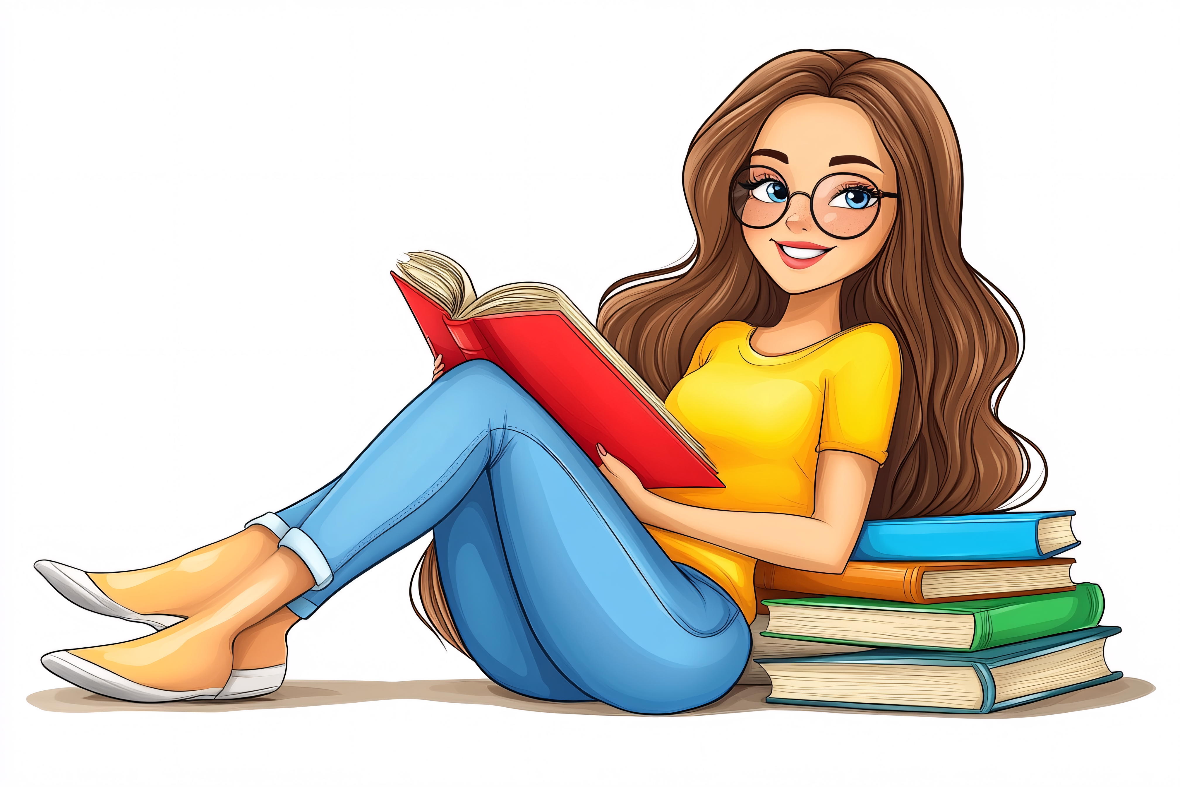 Girl Enjoying Reading Book Vector Illustration