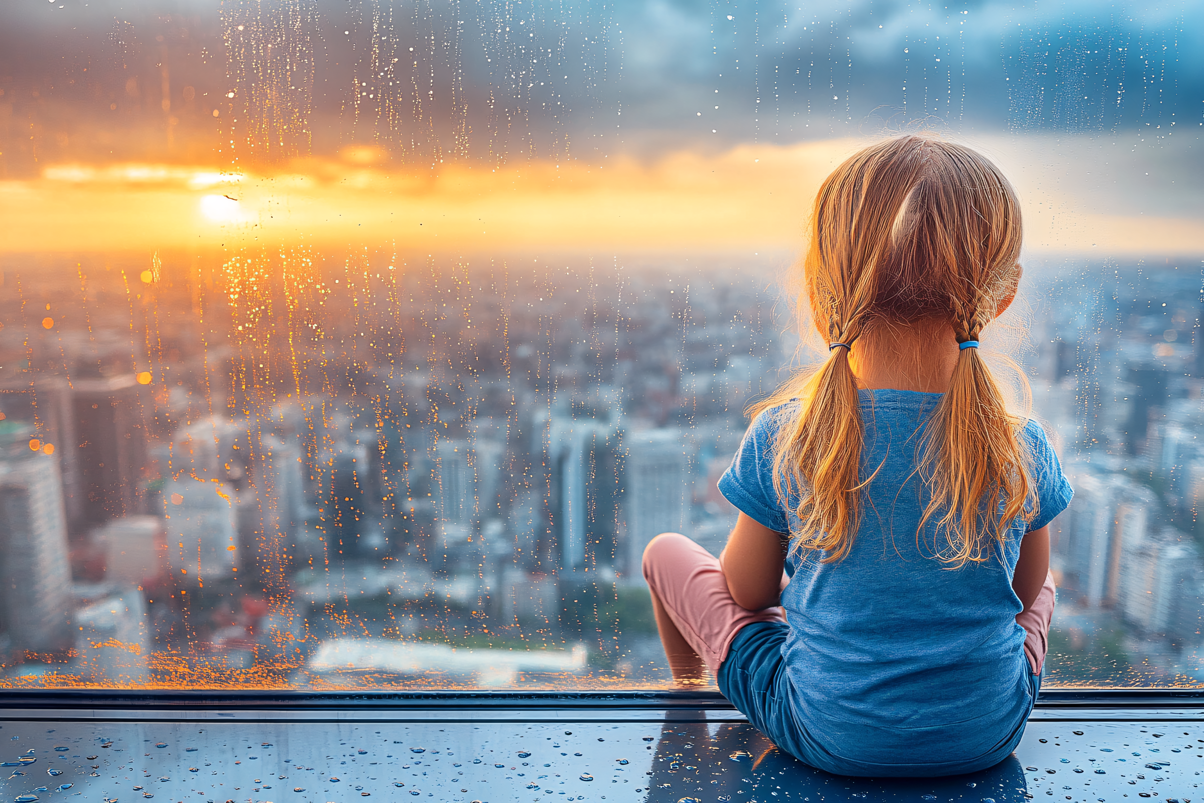Girl Gazing at Rainy Cityscape