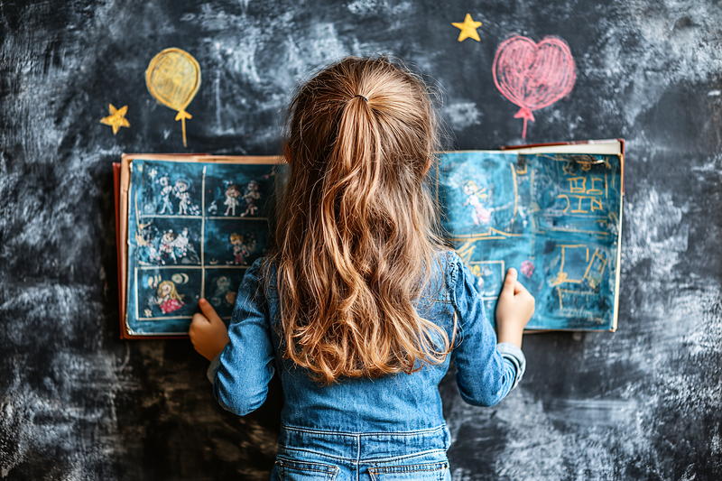 Girl Reading a Book with Drawings