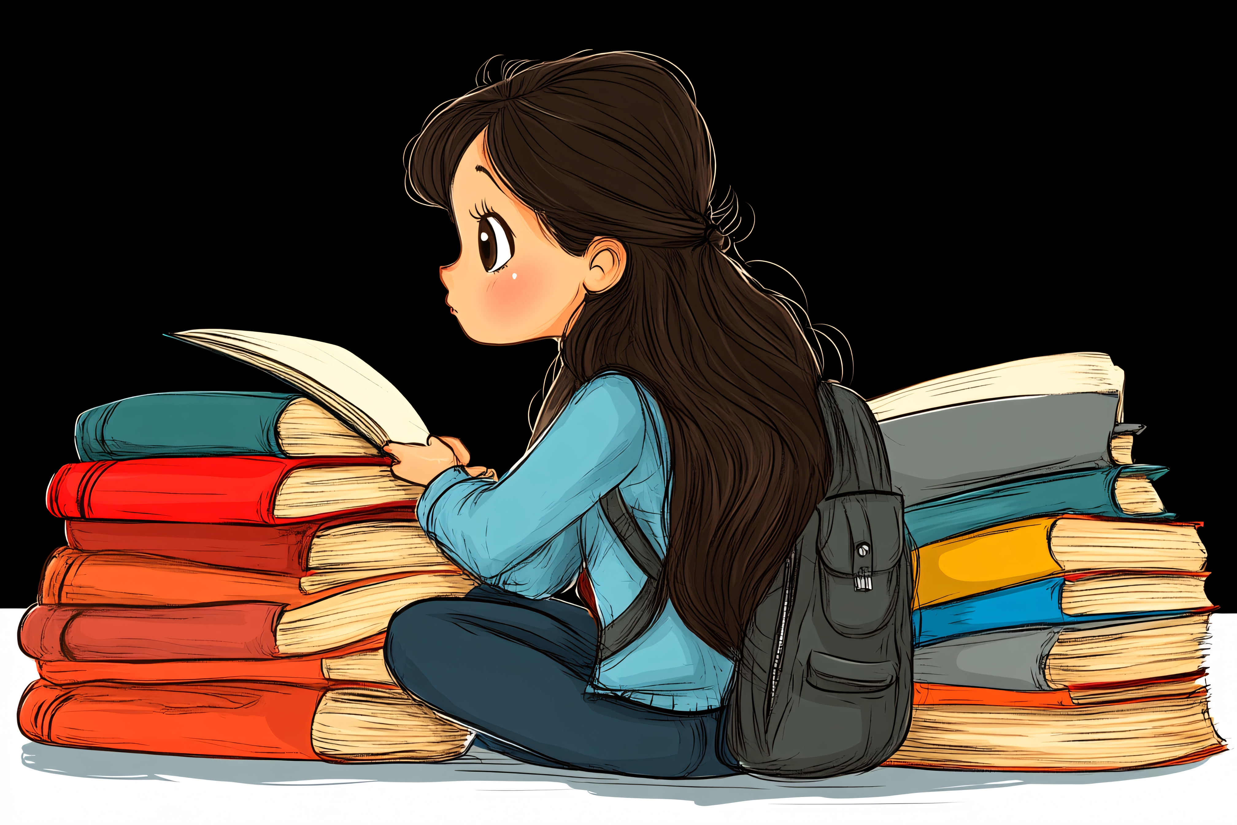 Girl Reading Book Stack