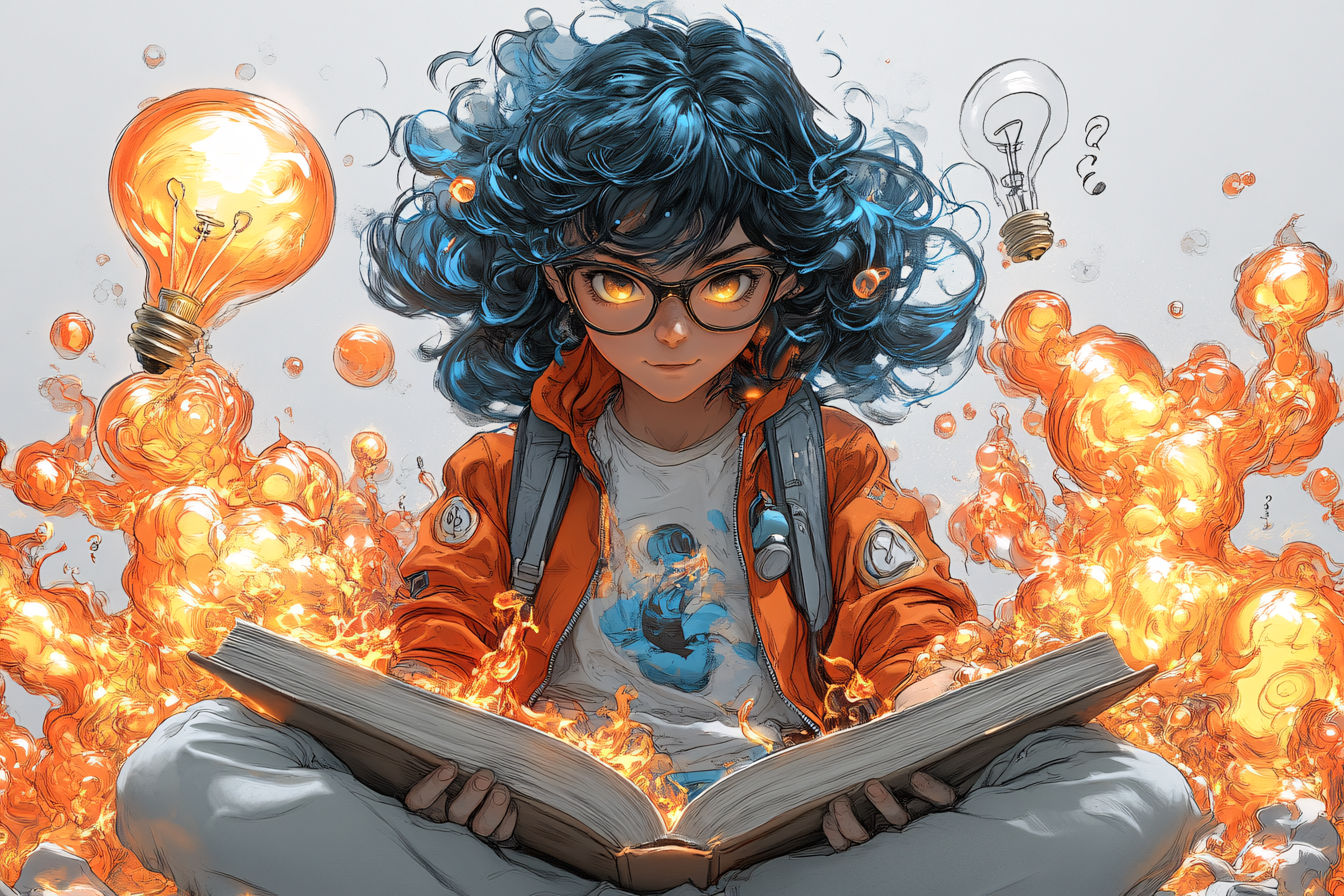 Girl Reading Book With Light Bulb Background
