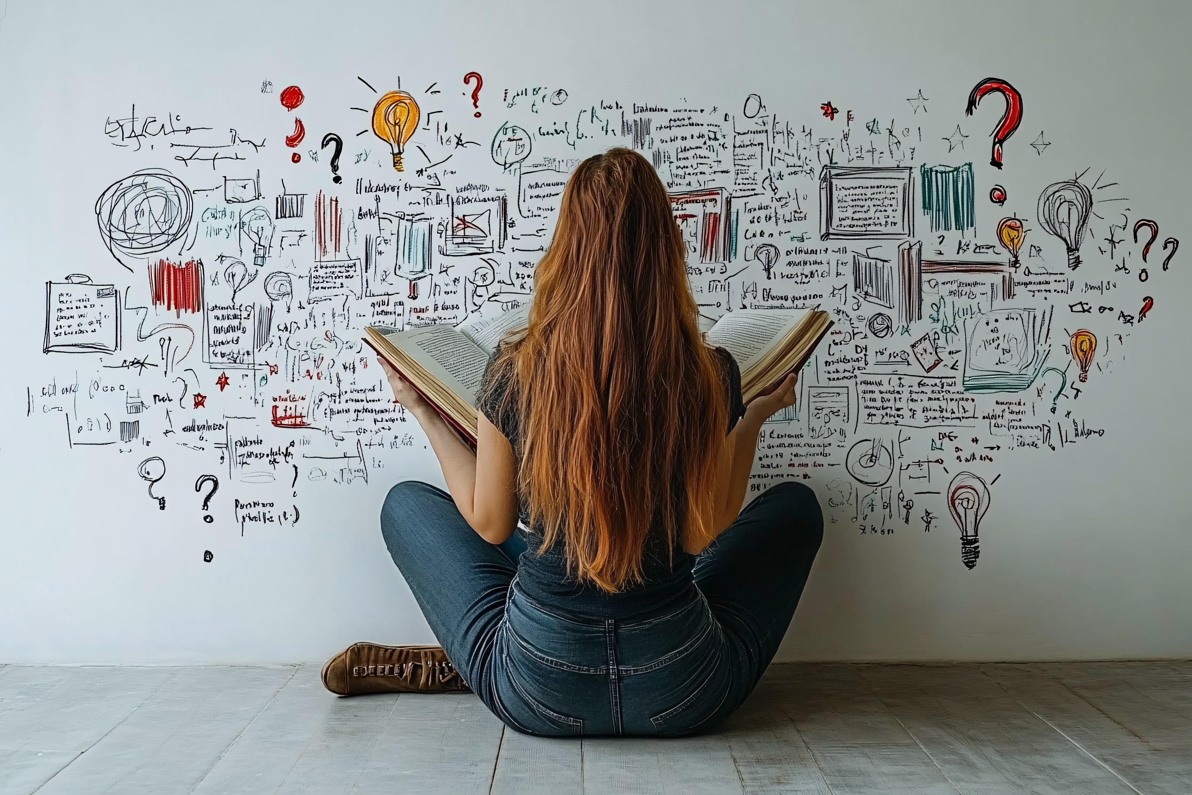Girl Reading Book with Wall of Ideas