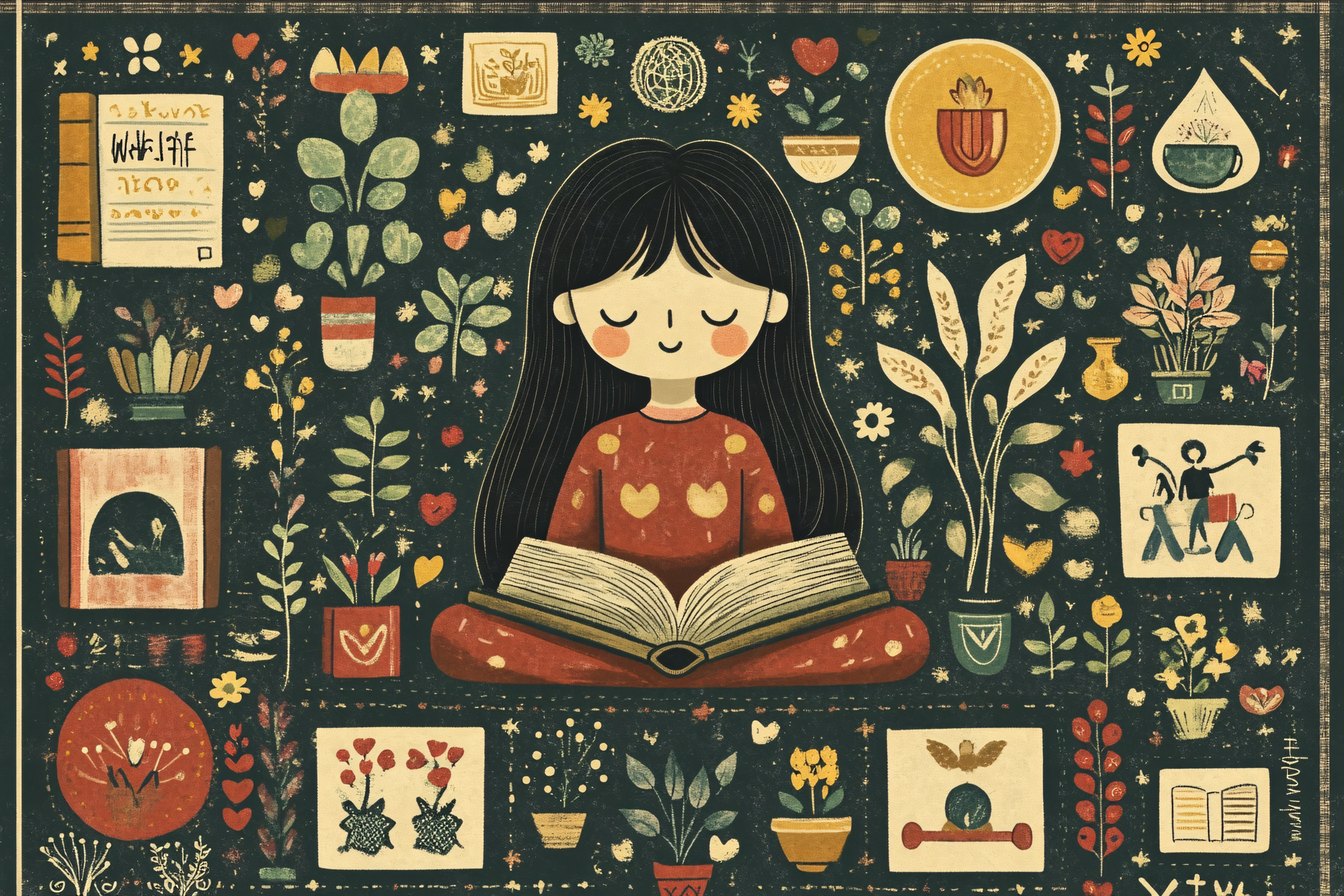 Girl Reading Surrounded by Plants and Books