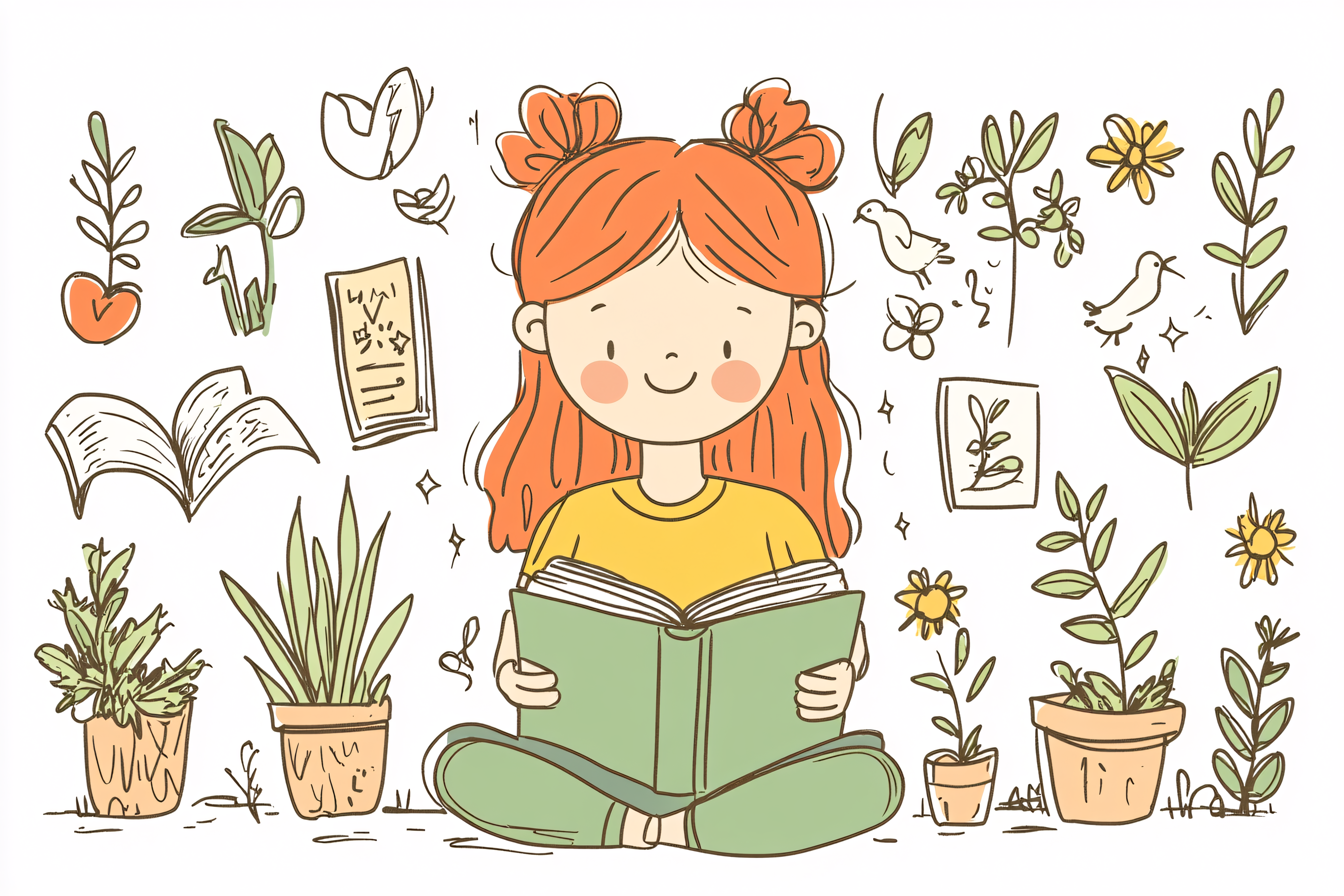 Girl Reading Surrounded by Plants