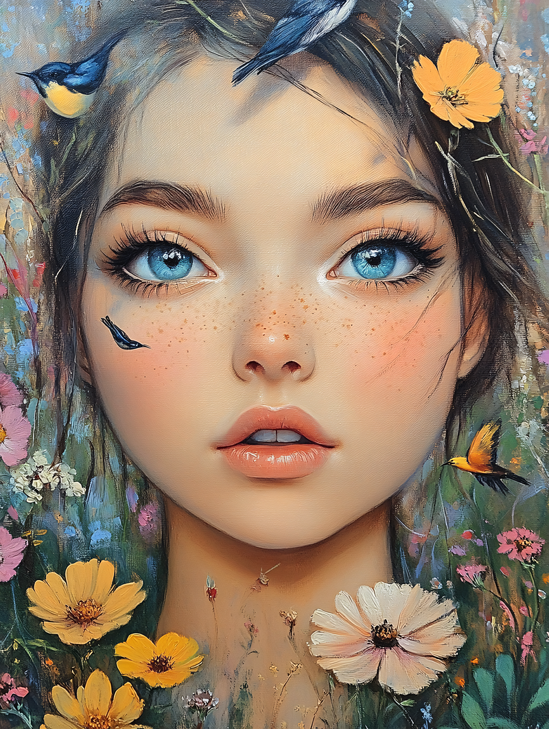 Girl Surrounded by Flowers and Birds