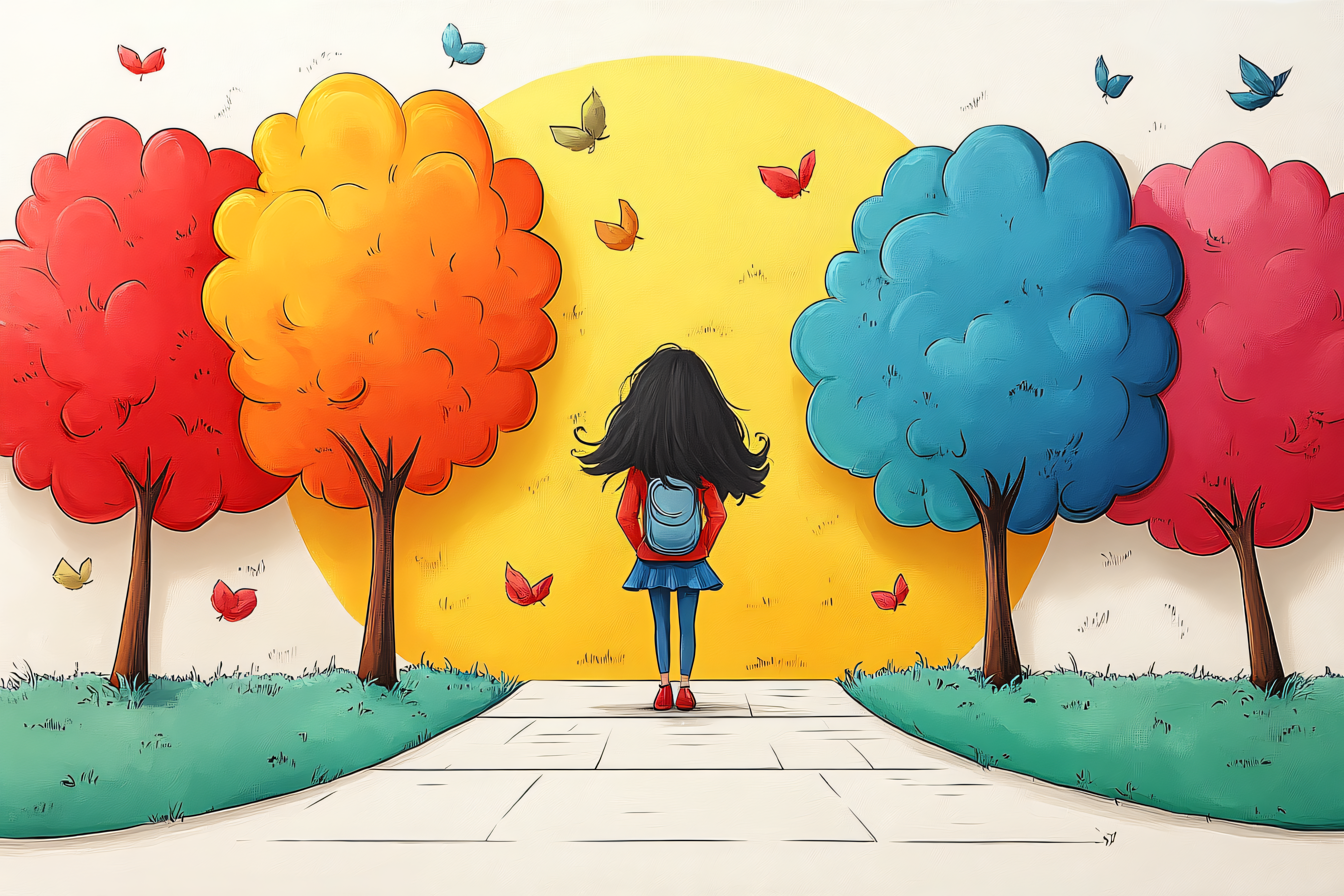 Girl Walking to School in Colorful Park