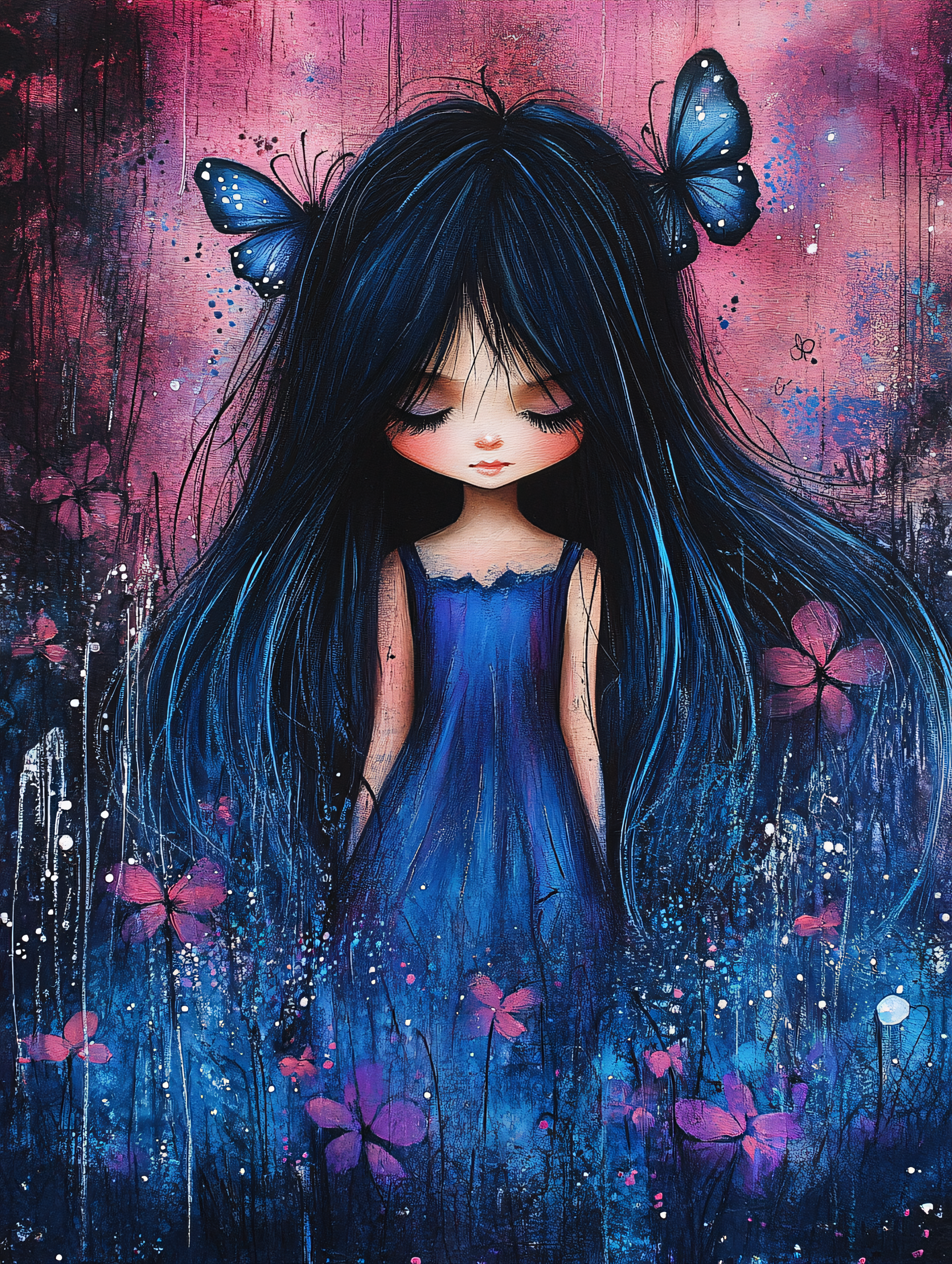 Girl With Butterfly Hair Clips In Dreamy Garden