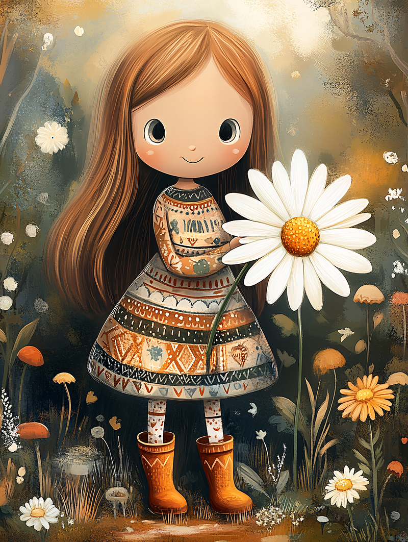 Girl with Daisy in Autumn Garden