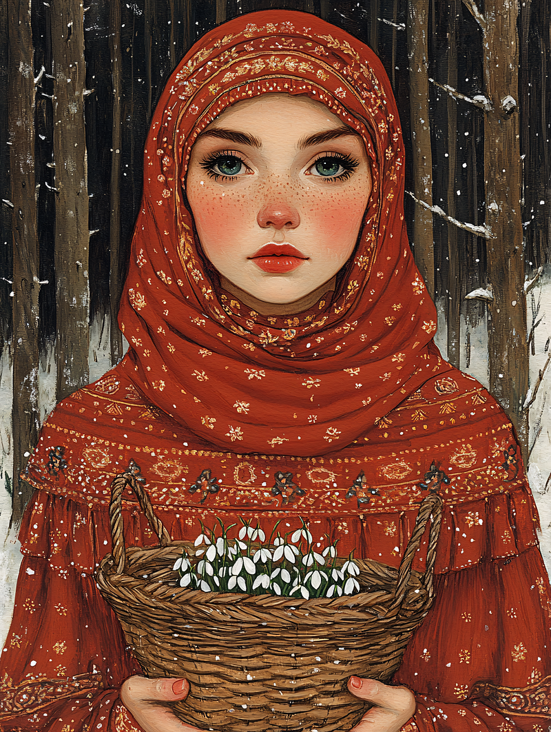 Girl with Snowdrops in a Red Dress