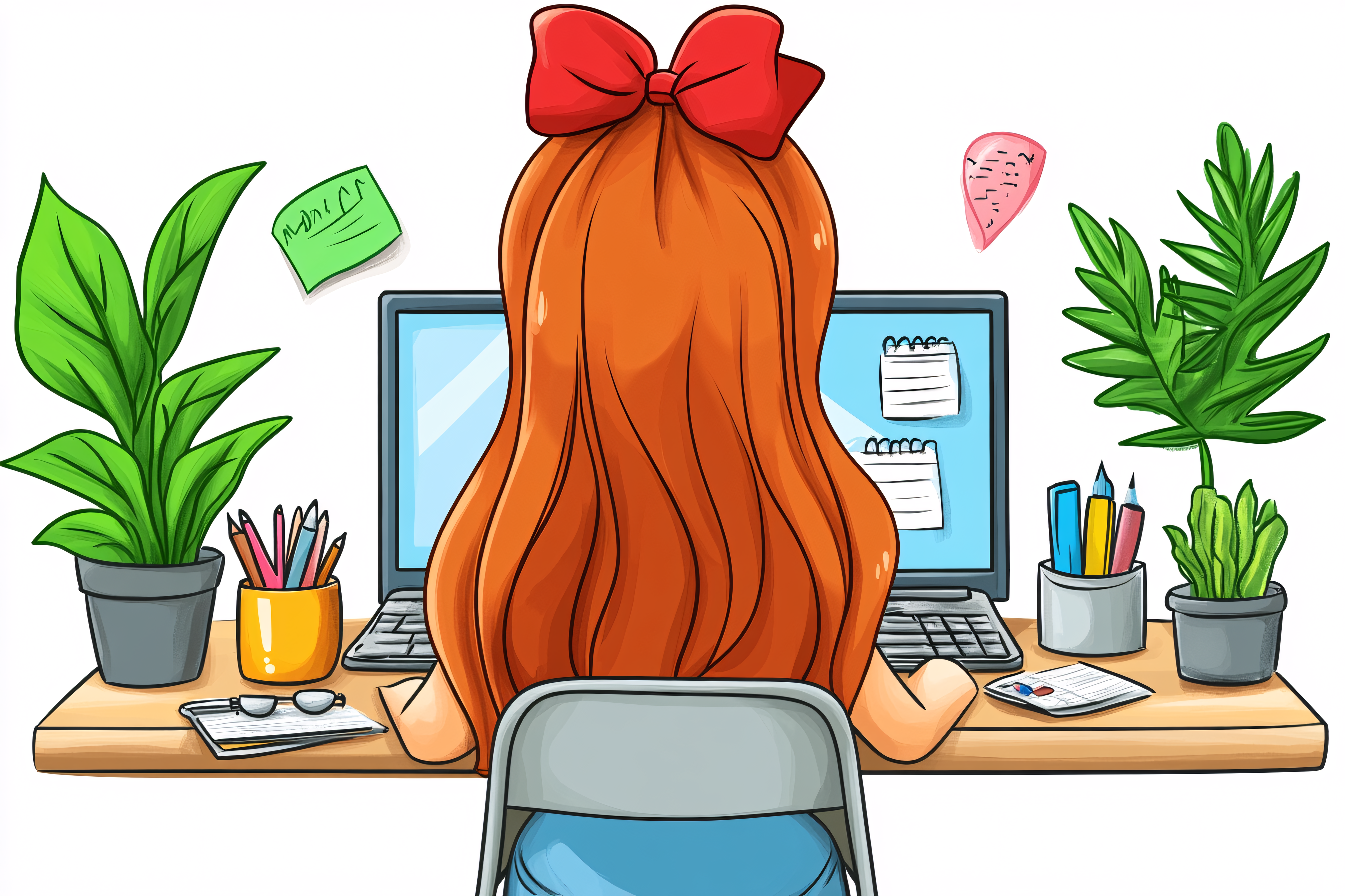 Girl Working at Desk with Plants