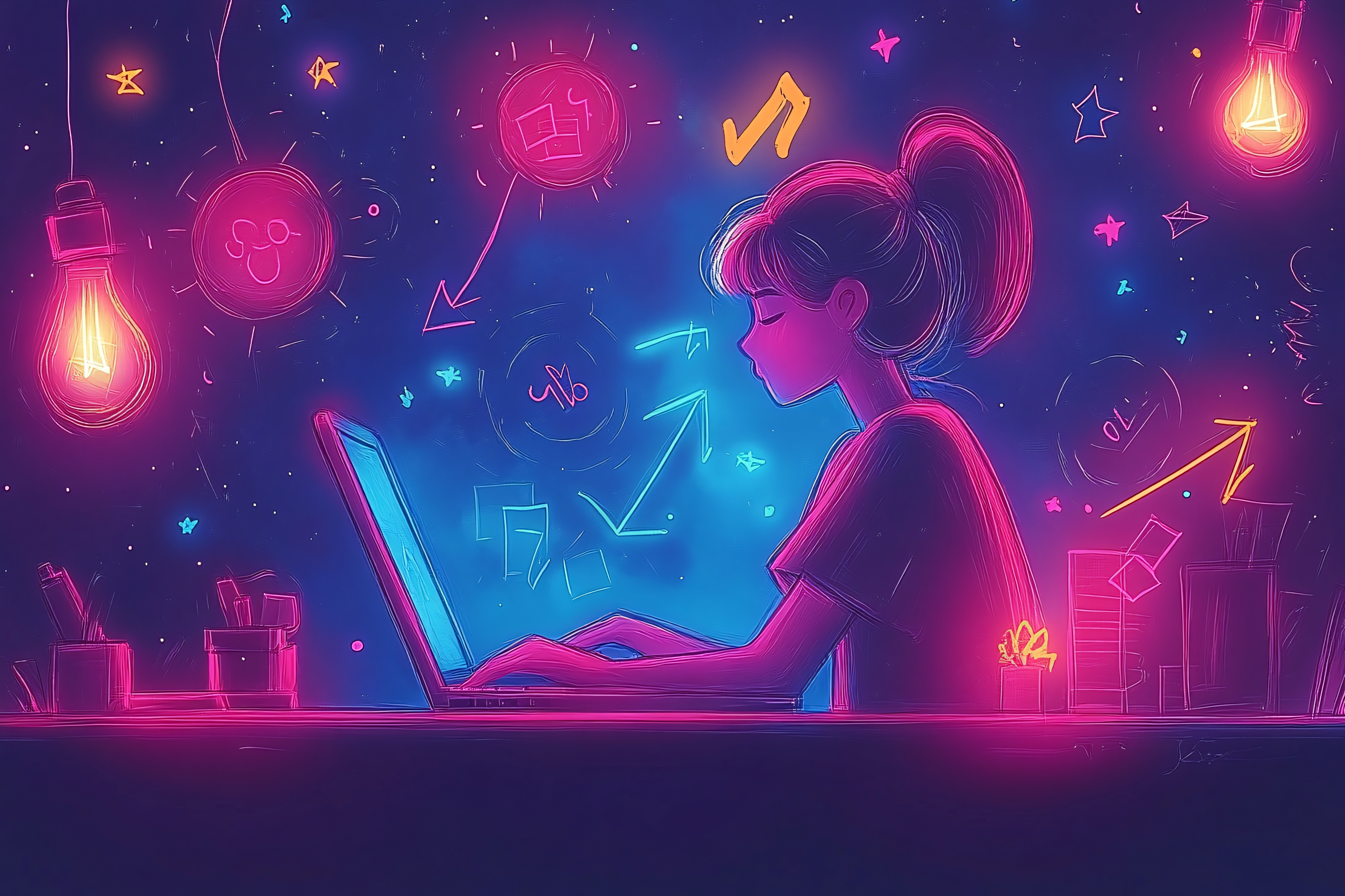 Girl Working on Laptop Neon Theme