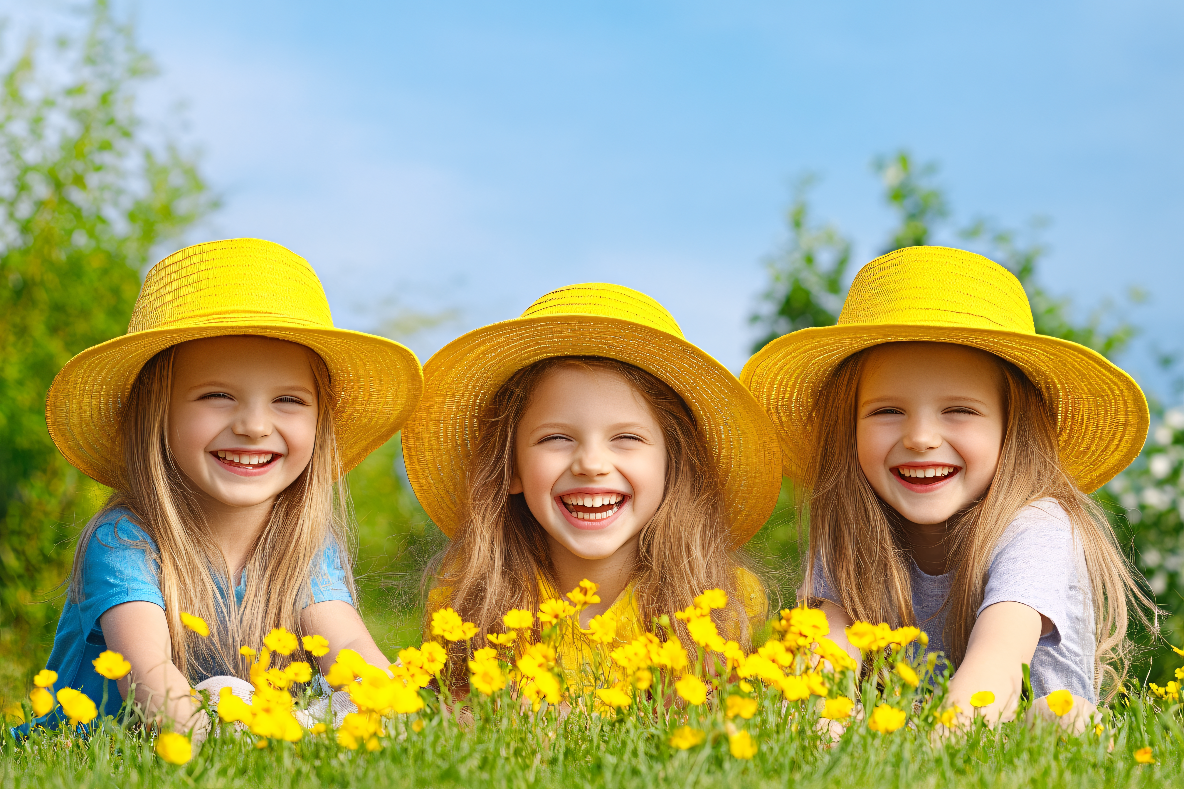 Girls in Yellow Hats Laughing in Field