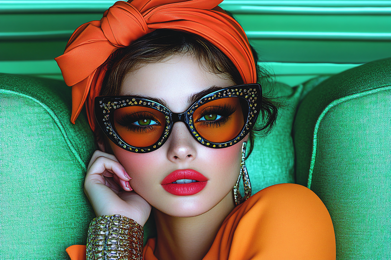 Glamorous Woman with Orange Headband and Cat-Eye Sunglasses