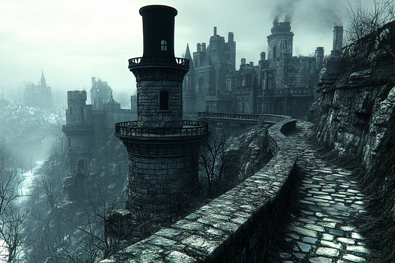 Gloomy Stone Tower in Castle Landscape