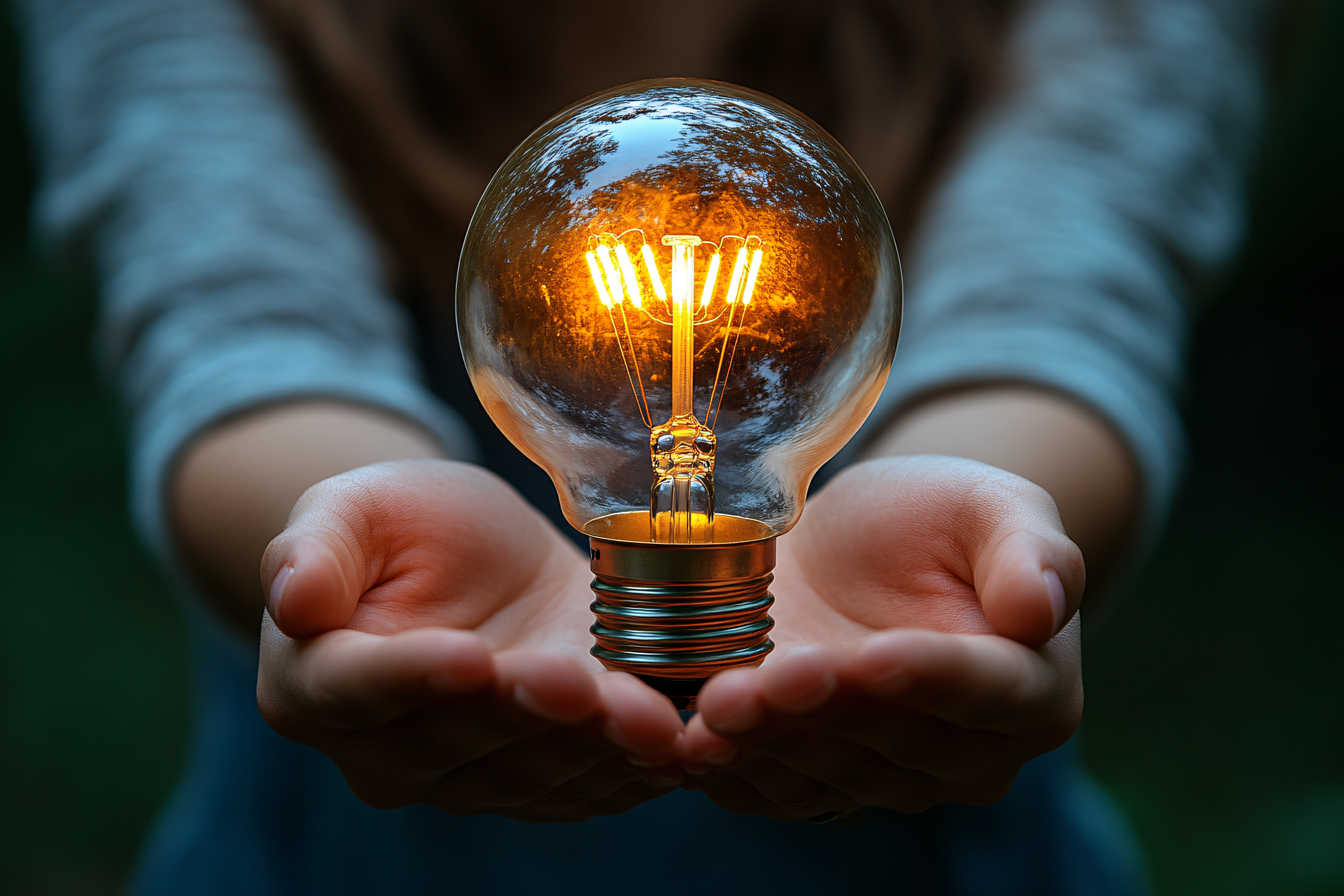 Glowing Light Bulb Held in Hands