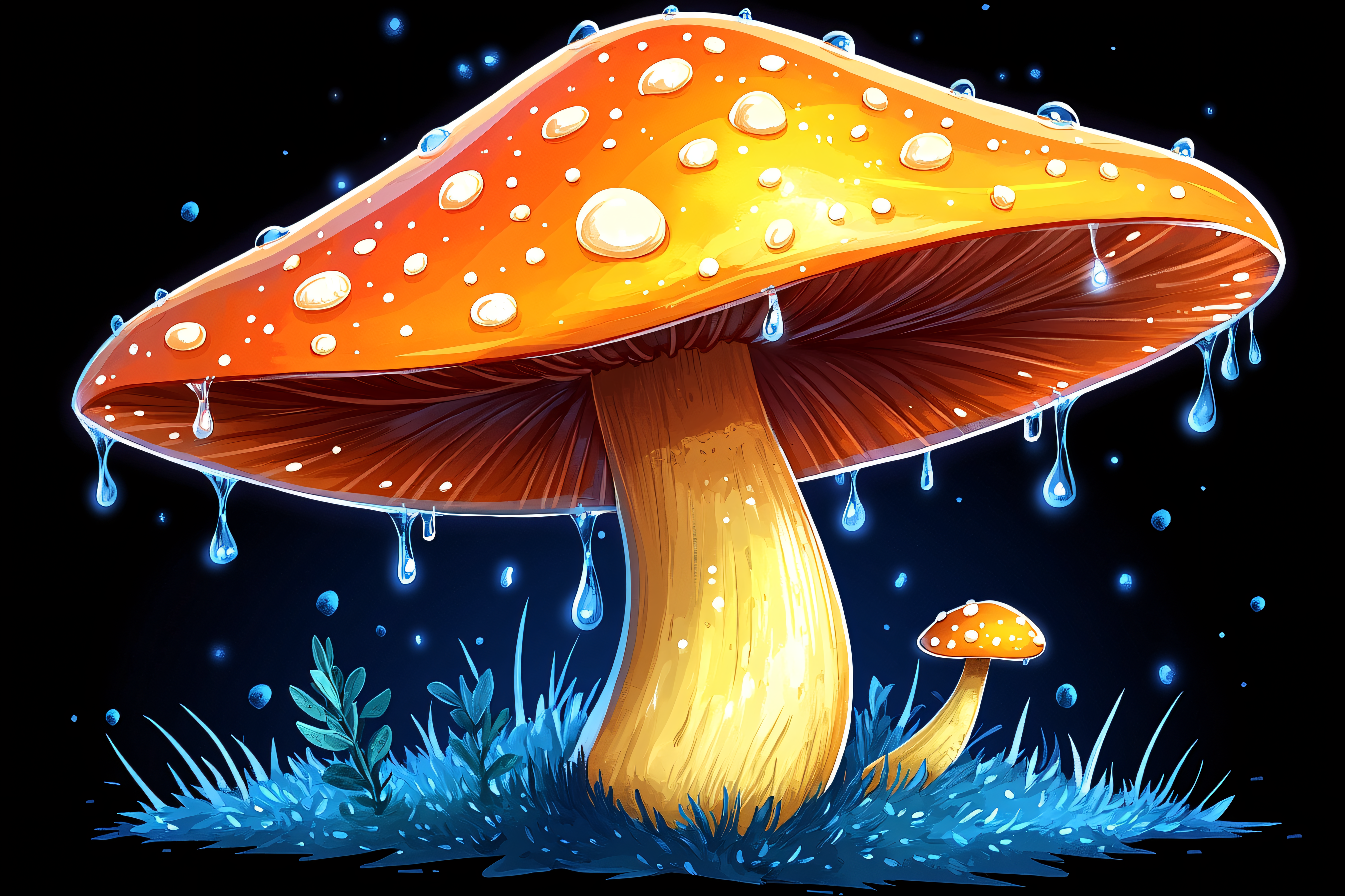 Glowing Mushroom with Water Droplets