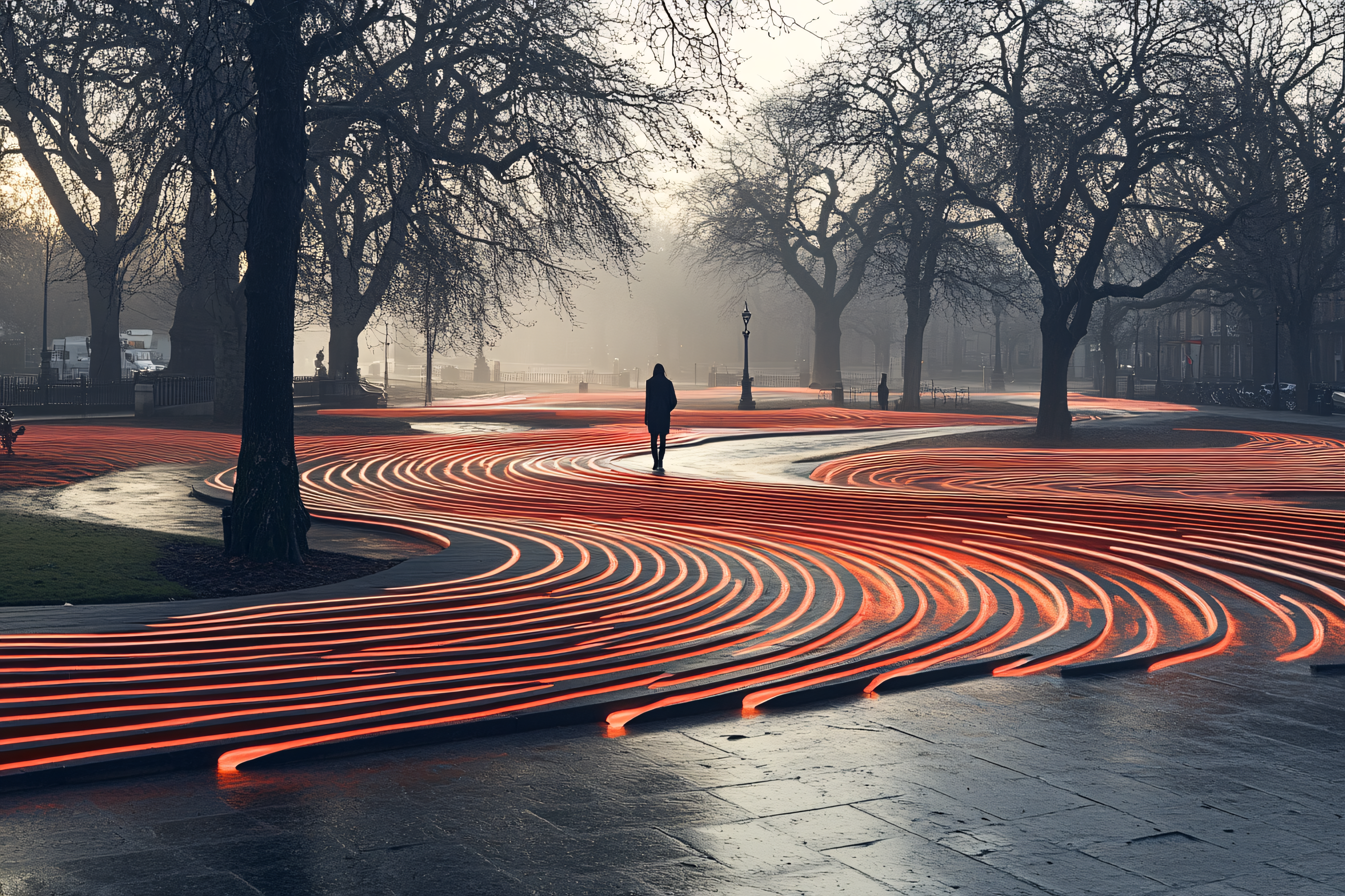 Glowing Rings in Misty Park